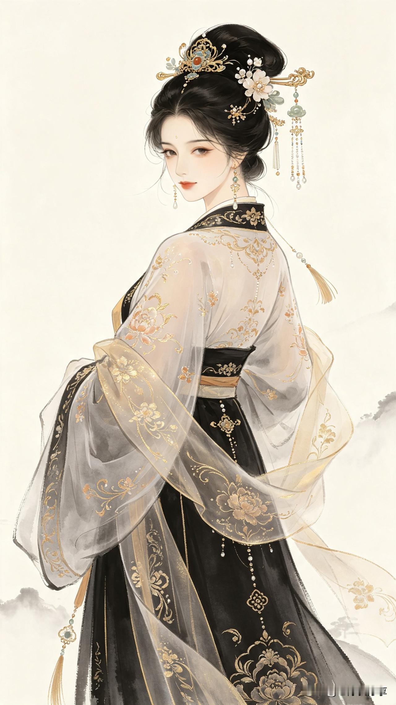 鹧鸪天·墨染金裳

玄色罗衣绣金鸾，轻纱如雾罩云鬟。
步摇微颤流光转，回首惊鸿意