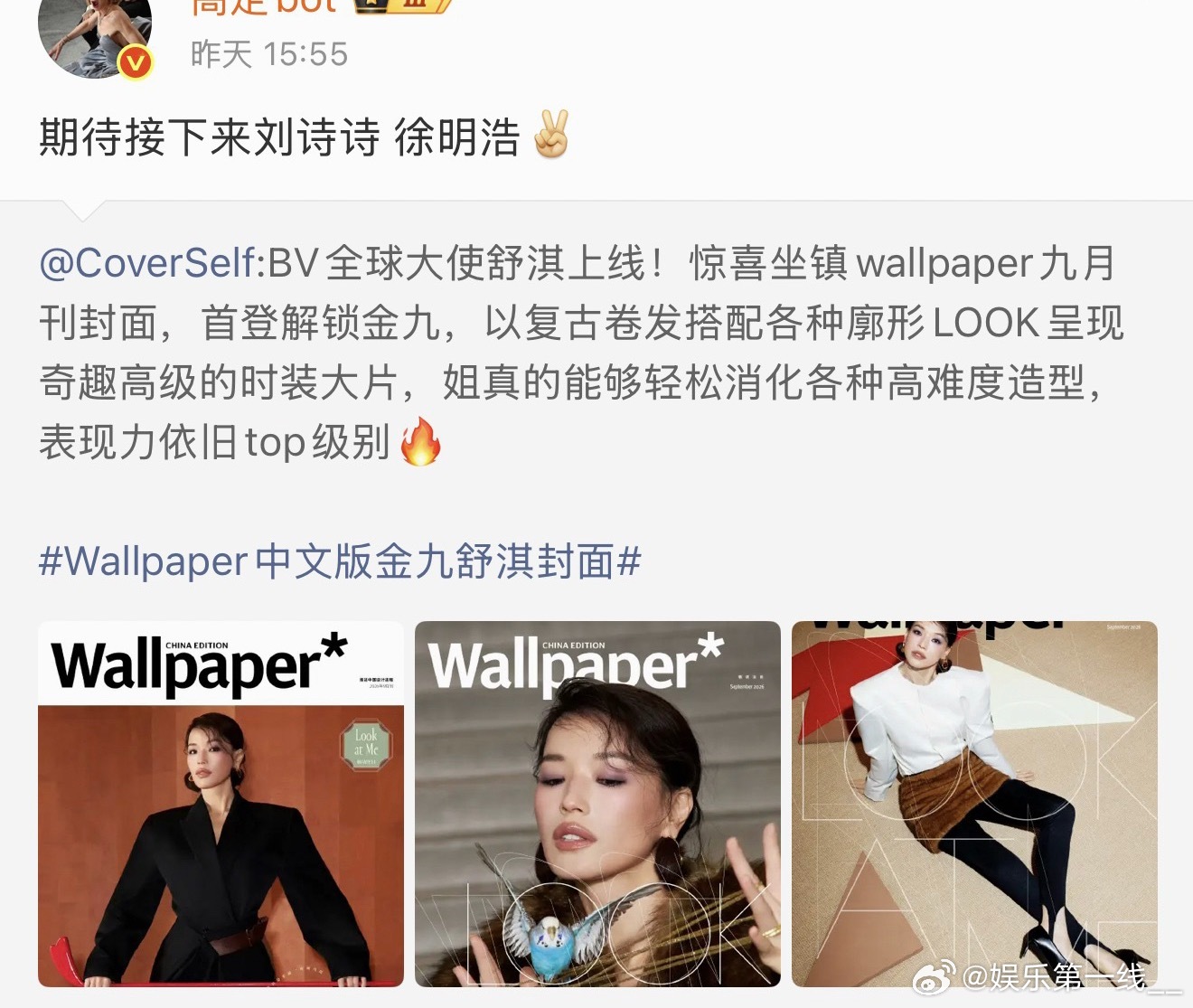 刘诗诗和徐明浩将登上Wallpaper卷宗金九封面卷宗金九是艺术设计领域顶级刊物