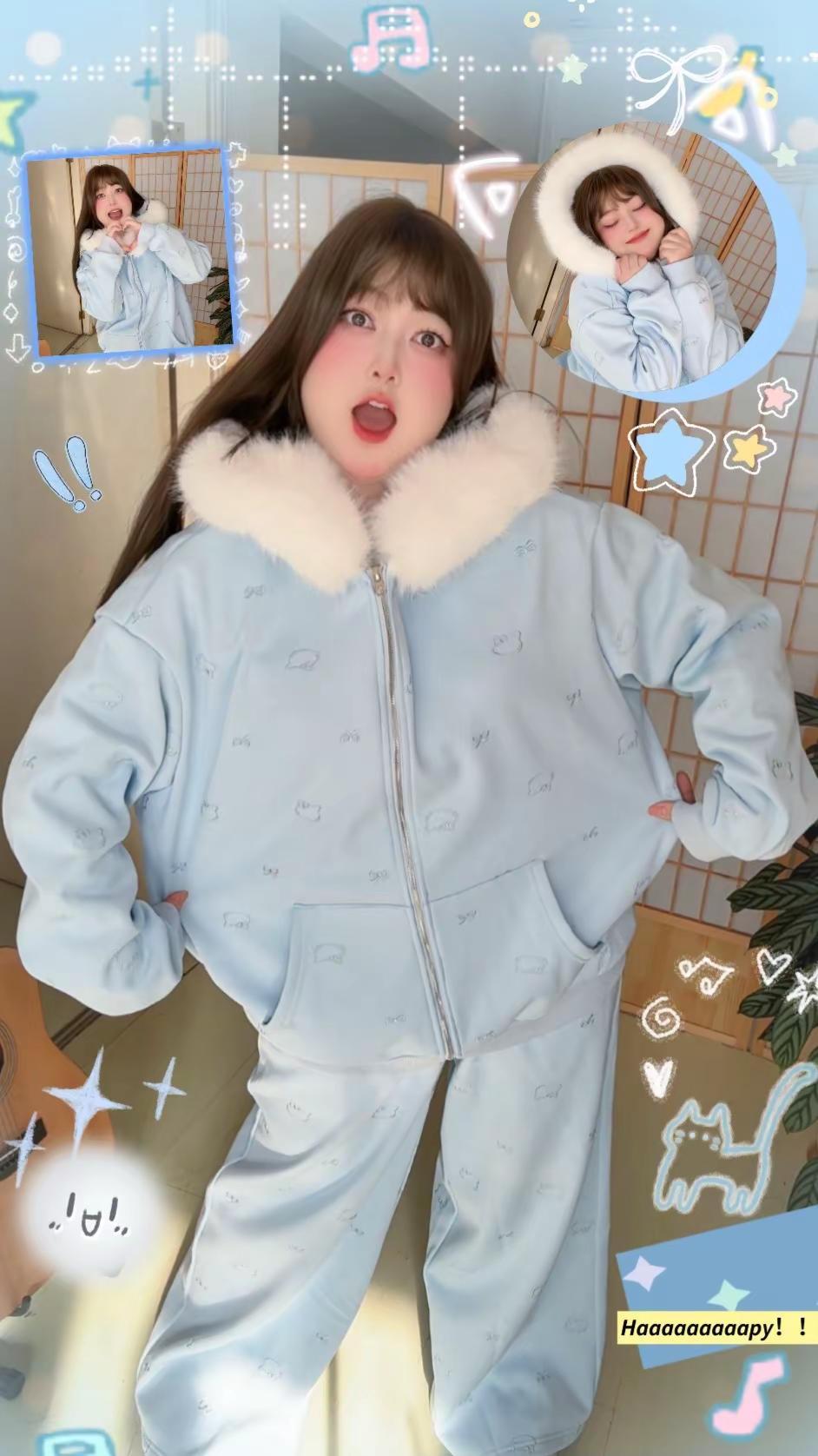 救命❄️冬天跟蓝白也太搭了吧！奶呼呼过冬。大毛毛领子手感特别舒服！整个都有毛毛内