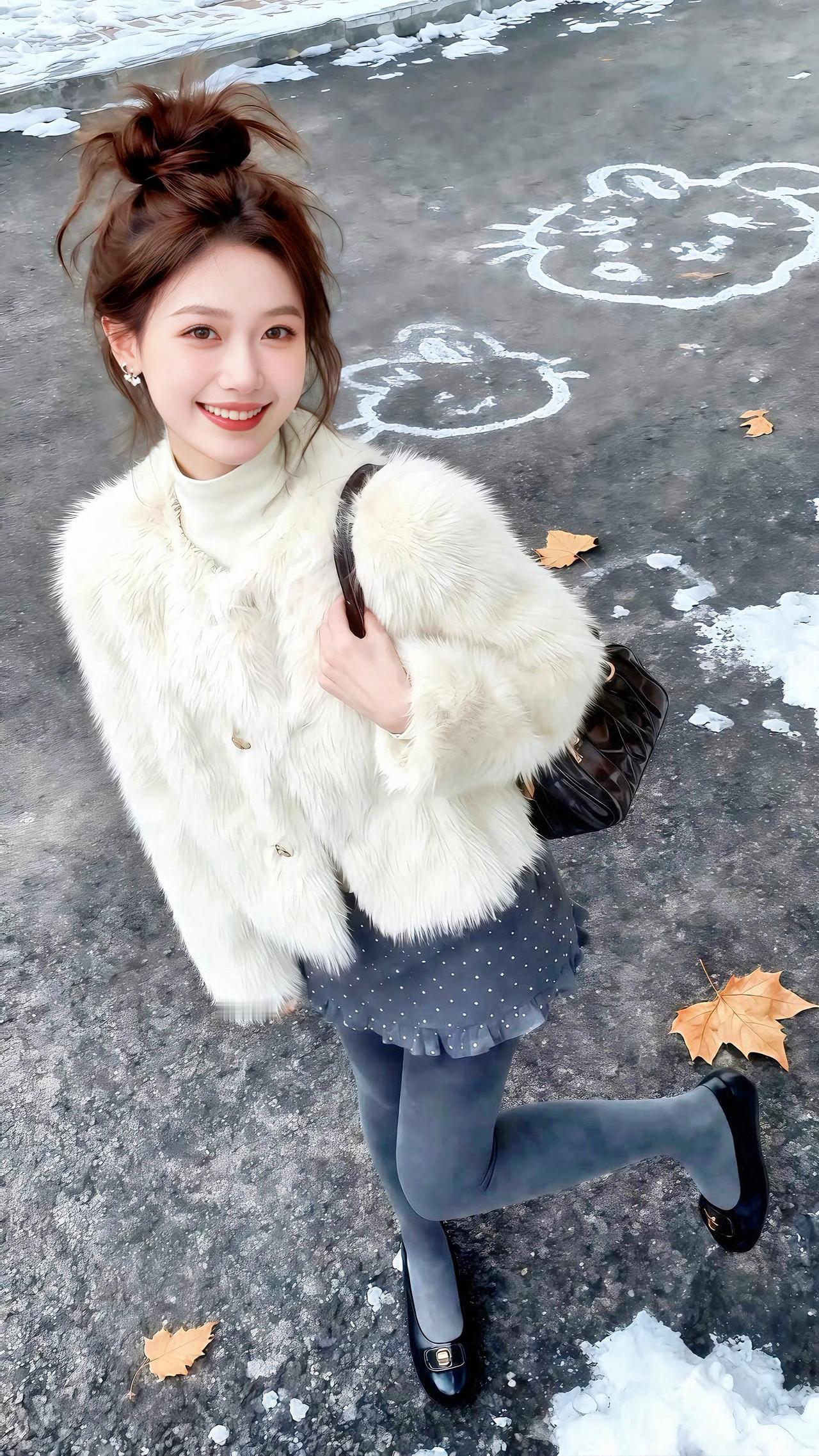 冬日暖阳下的甜美穿搭，毛茸茸外套搭配可爱小熊图案，元气满满！🌞👗👠