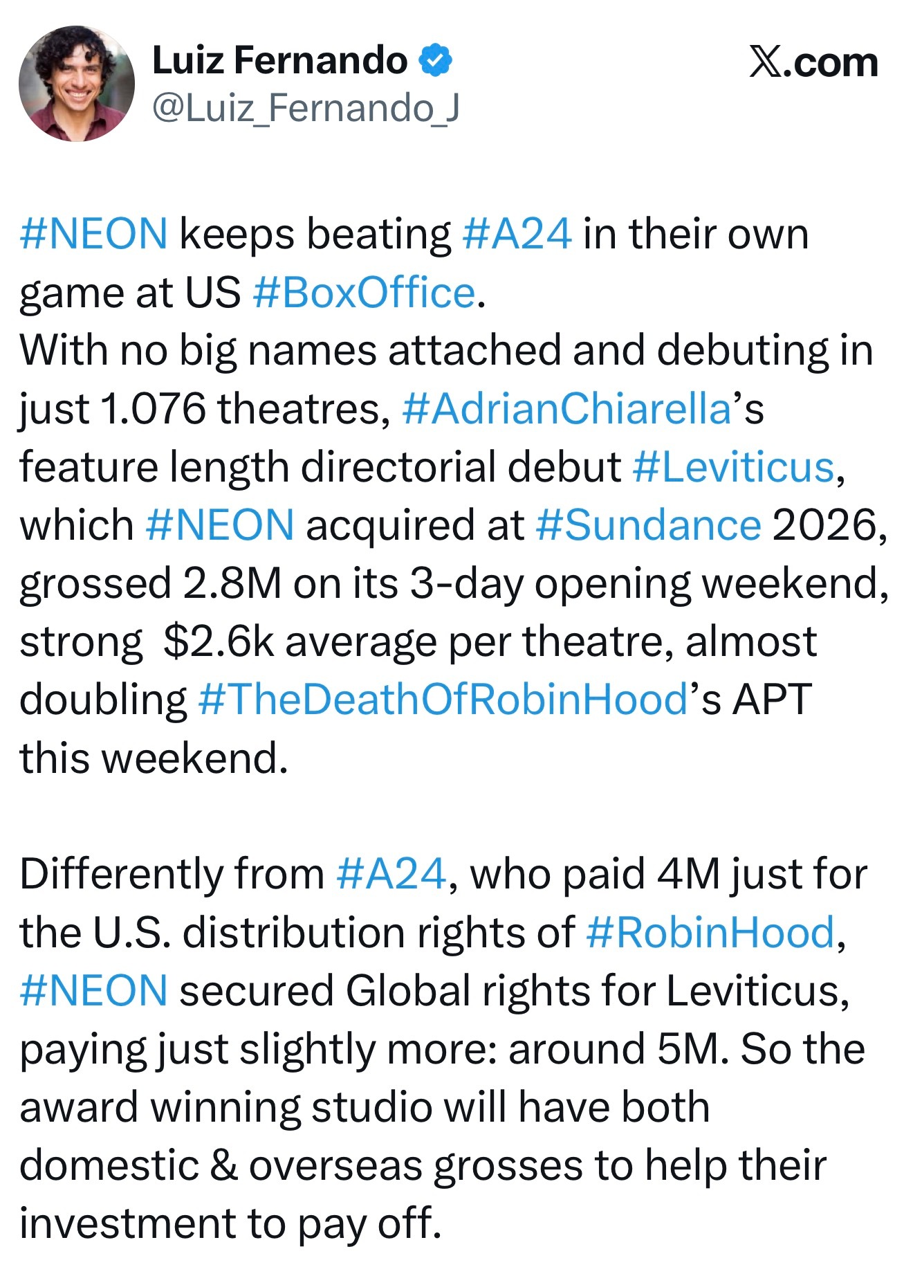 虽然一直在骂Neon推广，但是竟然赢了A24的罗宾汉也是挺厉害了。快点推全球啊啊