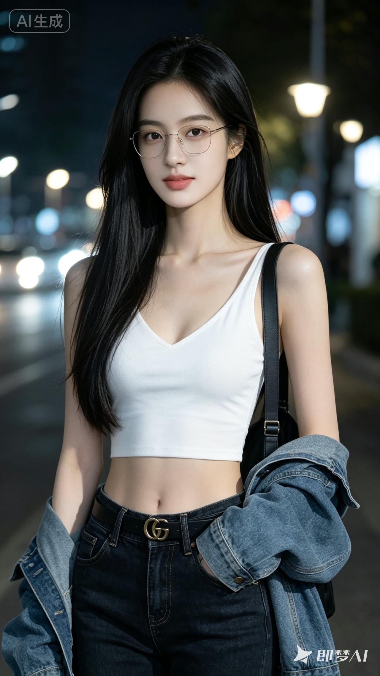 夜晚街拍，清新少女，白色背心搭配牛仔裤，时尚眼镜，轻松自然。