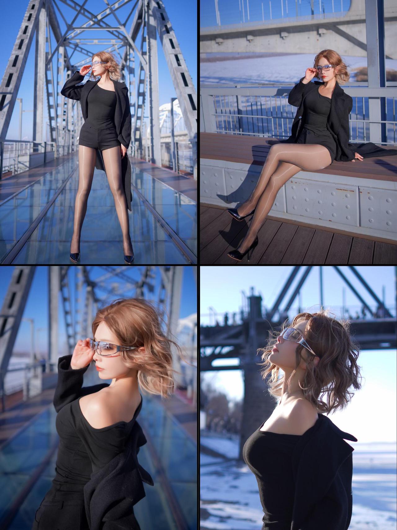 拼了，一定要在冬季的哈尔滨大桥拍出属于女孩的飒爽英姿。

寒风卷着江畔的雪粒，金