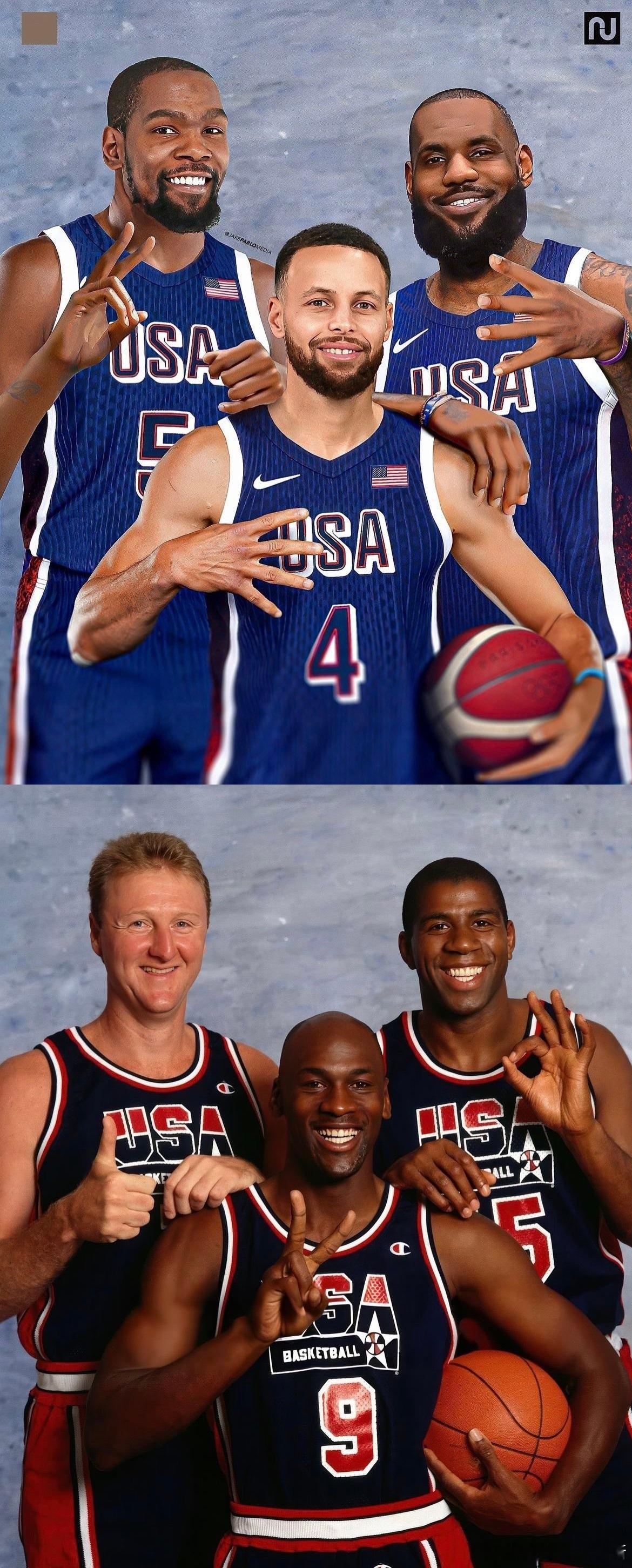 442！！！库里、杜兰特和詹姆斯模仿传奇梦之队乔丹、大鸟和魔术师合照[赞]#篮球