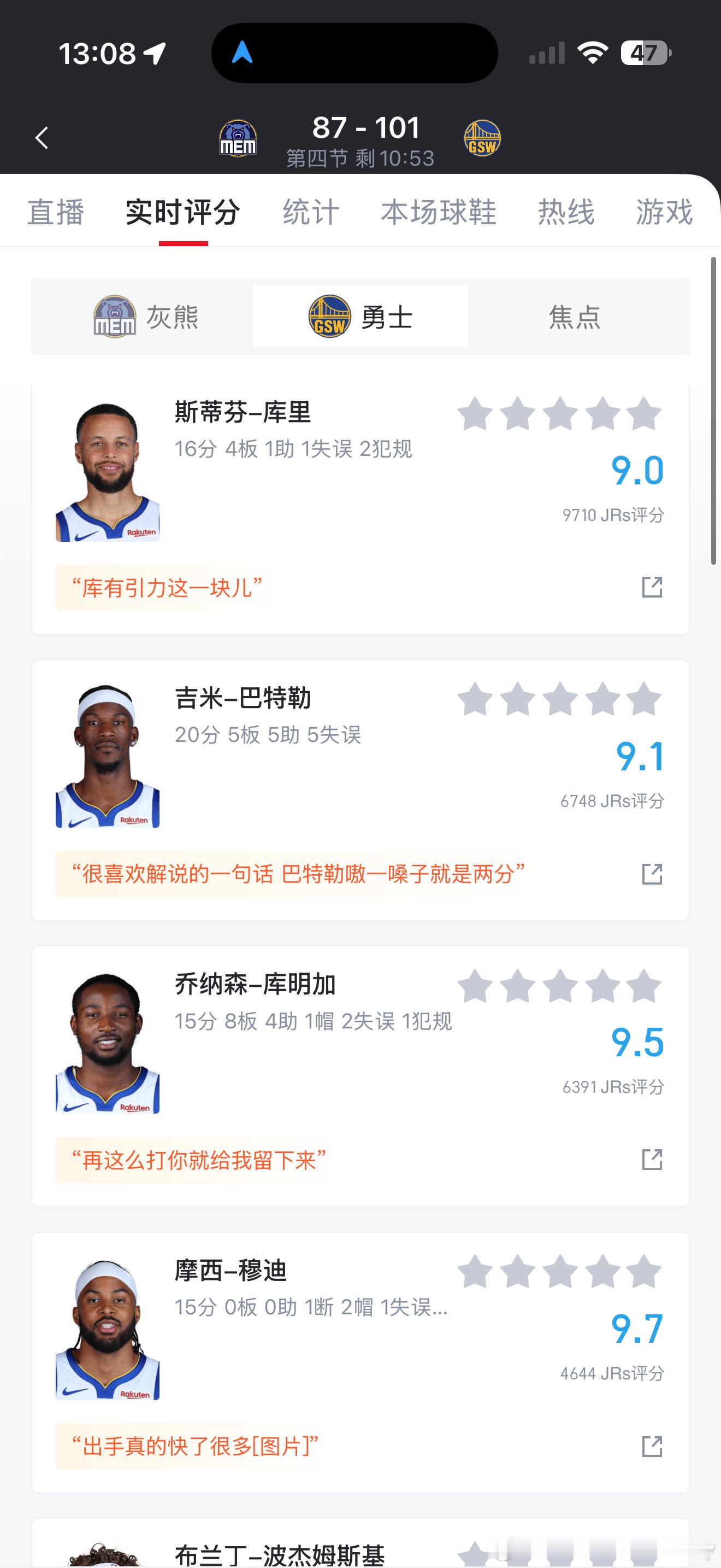 勇士今天5人上15➕霍福德还没打，三节打卡灰熊明天背靠背战快船 ​​​