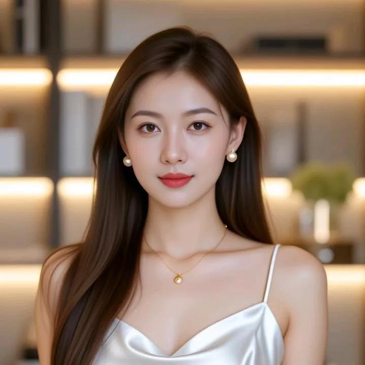 优雅气质，珍珠耳环与丝绸吊带裙的完美搭配，尽显女性魅力。露肩珍珠照 性感绝美佳人