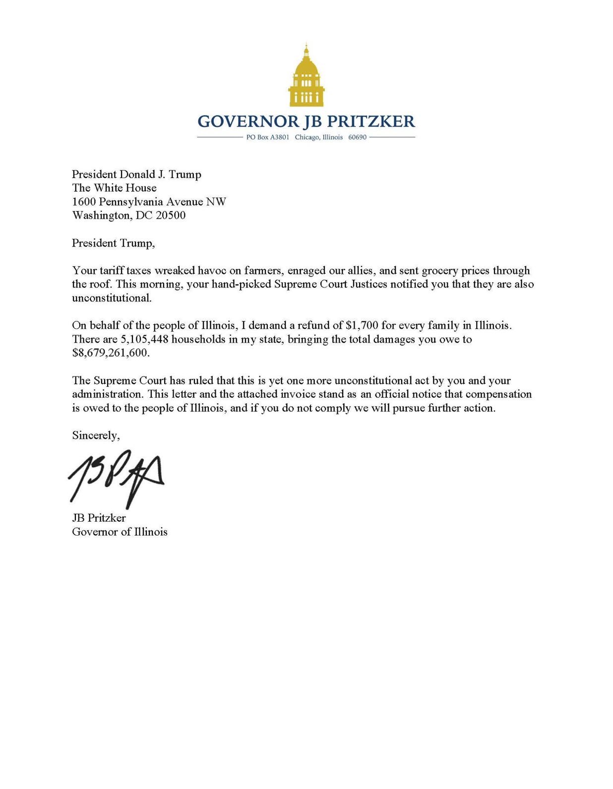 在川普关税被裁定违宪之后，伊利诺伊州州长要求向每个家庭退还1700美元。 