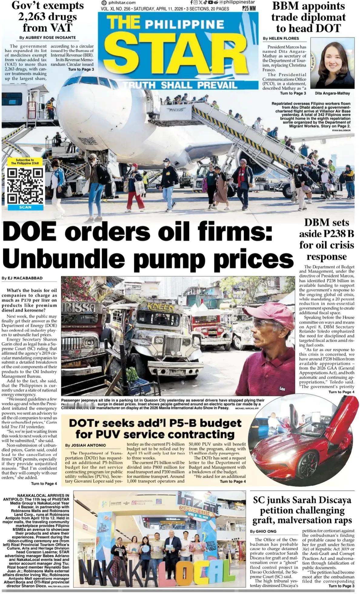 《菲律宾星报》头版报道称，为了遏制飞涨的燃料价格，菲律宾境内的石油公司对优质柴油