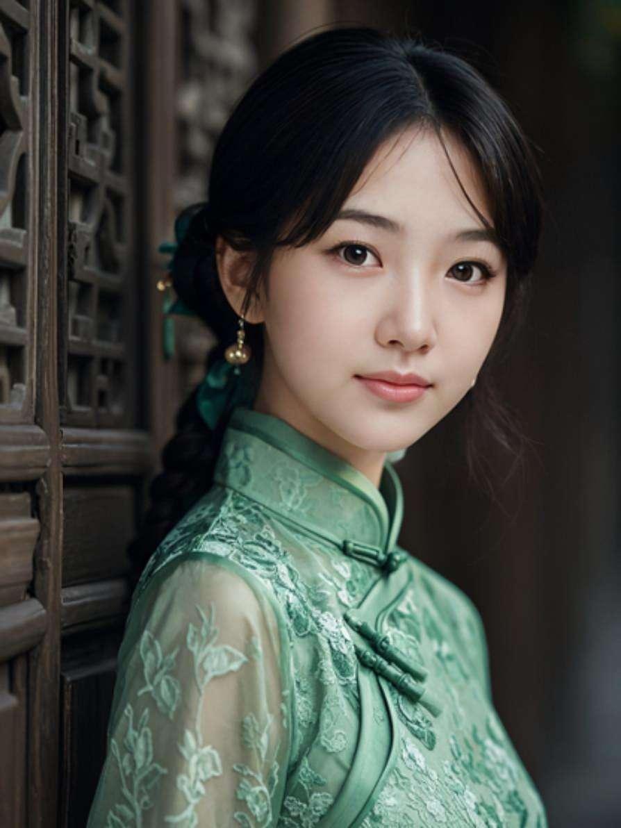 AI扩图 AI绿旗袍佳人