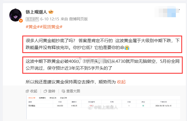 黄金现货黄金 还抄底吗？ 被抄家了吧。  6.10号就提醒过大家过抄底时机未到，