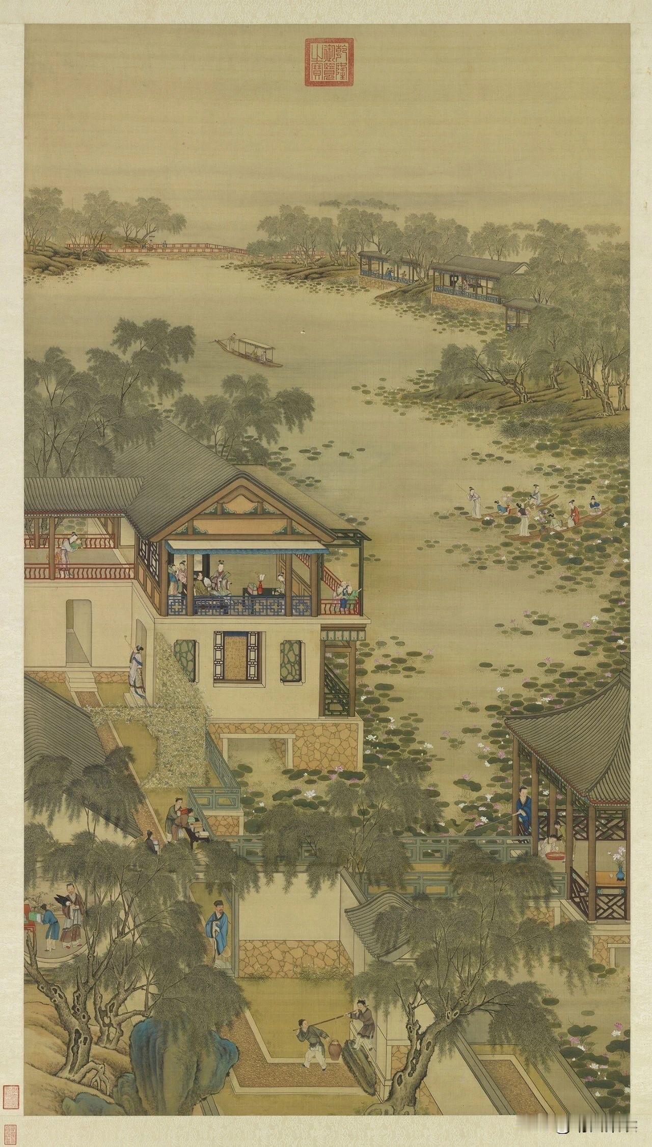 小暑｜倏忽温风至，因循小暑来。
十二月月令图轴之六月，清代，宫廷画家。
形制尺寸