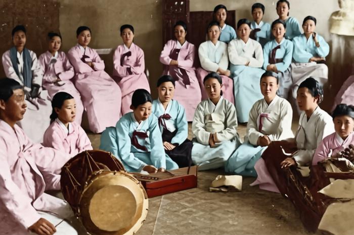 20世纪上半叶，日本殖民朝鲜时期妓生学员们集体学习，二十余位身着朝鲜传统白衣黑裙