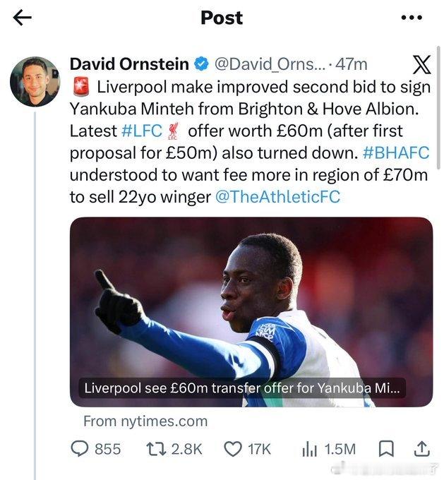 绿帽哥爆料利物浦已得到明确告知：报价£6300万 + £700万附加条款，就能搞