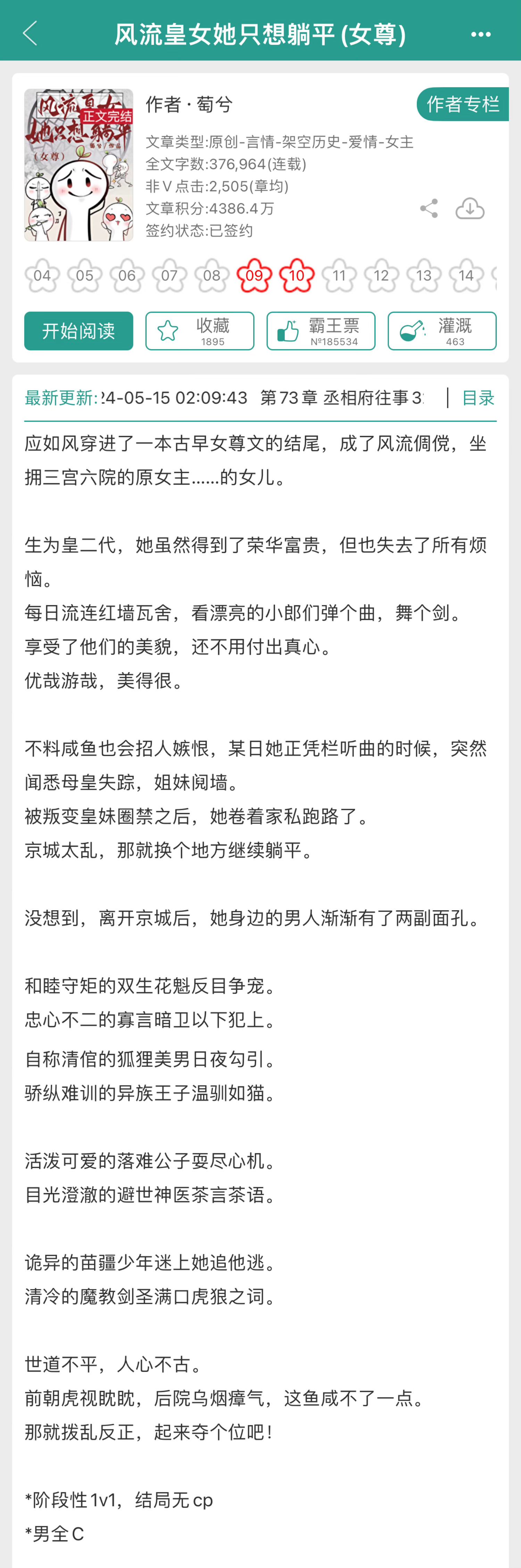 近期#新文完结# ，蹲个大家的反馈1. 《风流皇女她只想躺平》by萄兮2. 《渡