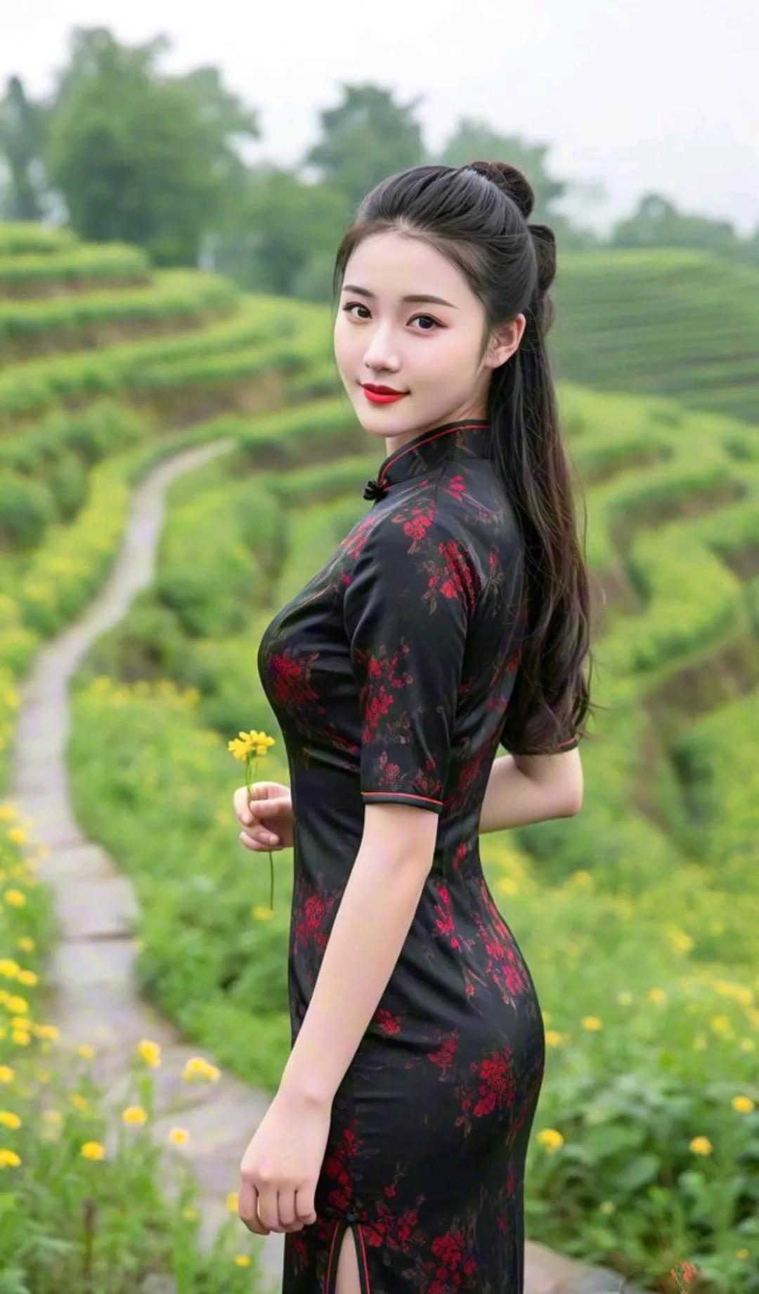 黑红旗袍，茶园中的东方美人。