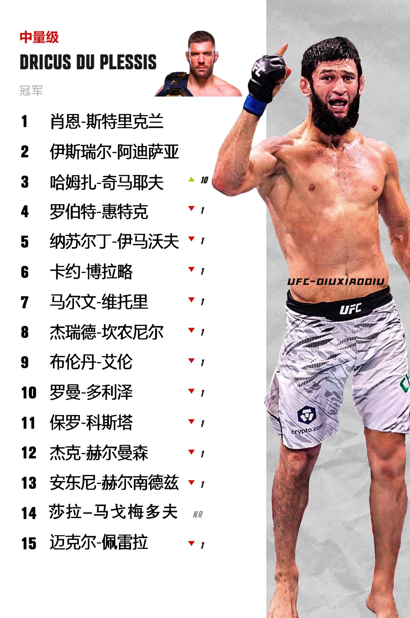 中量级排面！ ufc308过后，中量级排名更新了！狼王奇马耶夫直升十位...
