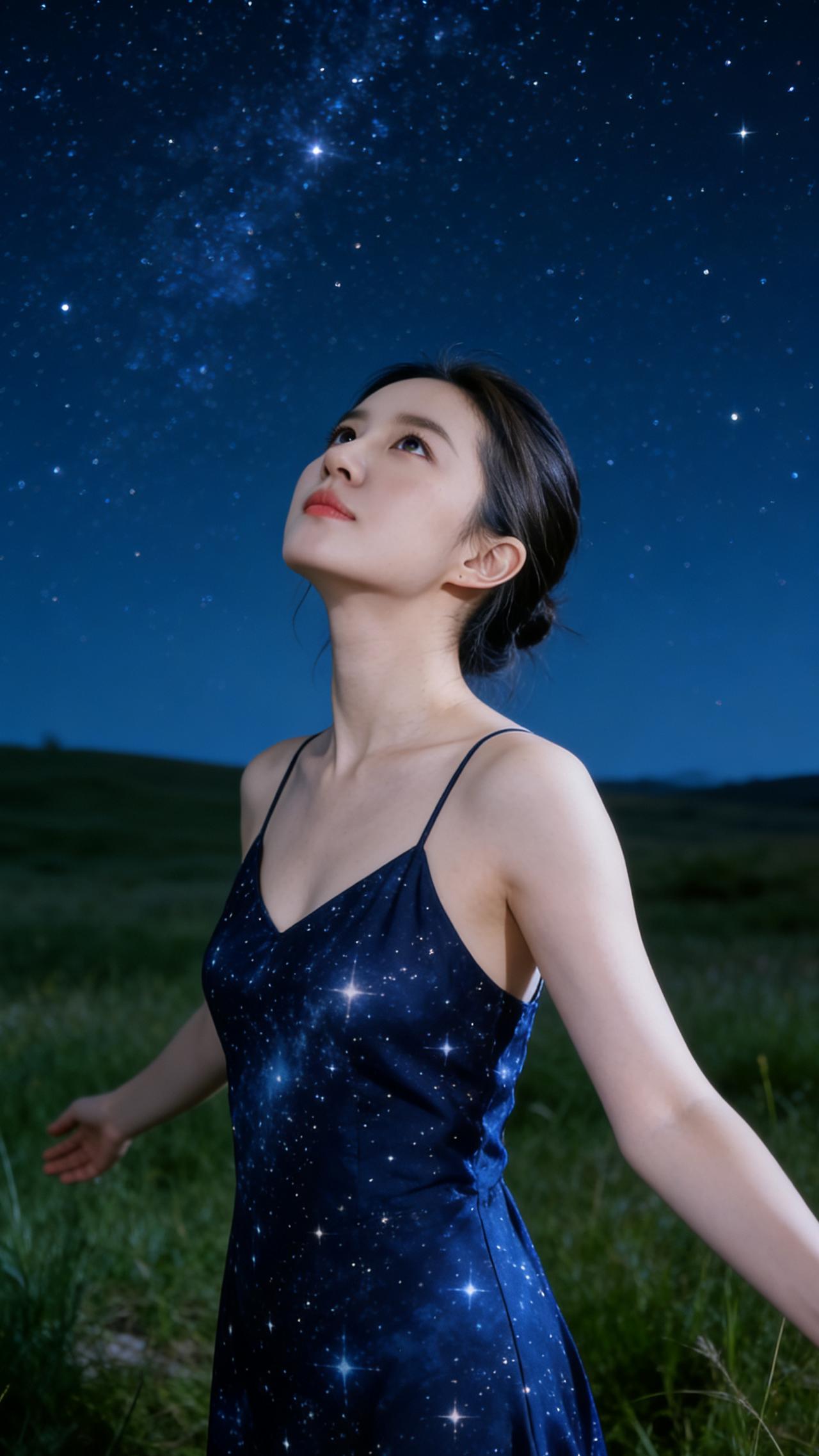 草叶上的夜露沾湿裙摆时，她终于站在了旷野中央。

深靛色的裙裾缀满碎钻似的星光，