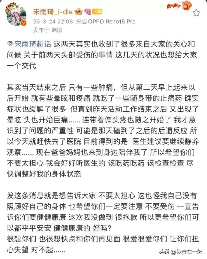 3月24日宋雨琦发文回应头部受伤，说自己去了医院，医生建议继续静养。她还跟粉丝道