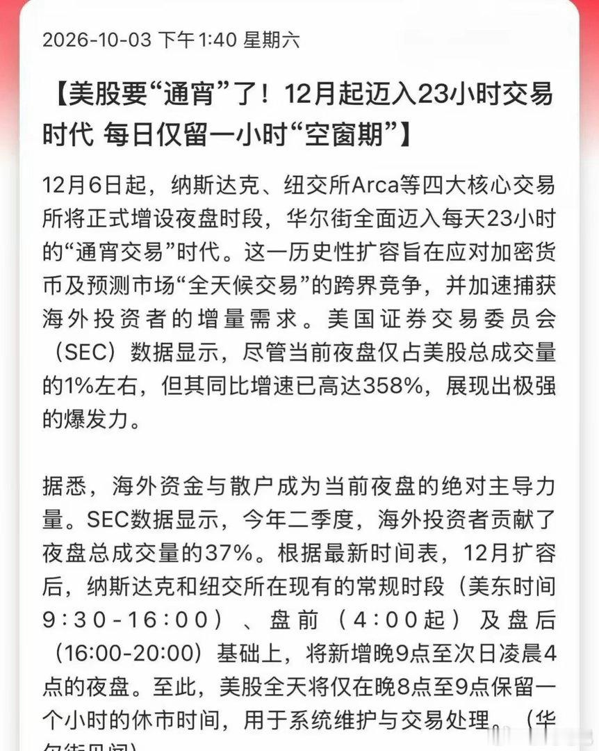 美股要“通宵”了！12月起迈入23小时交易时代，每日仅留一小时“空窗期”…全球几