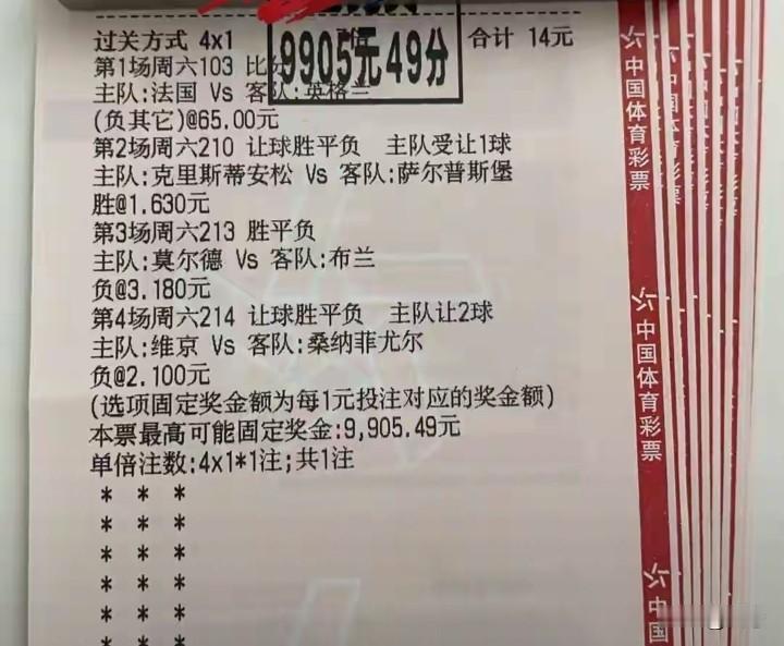 这是个牛人！法国对阵英格兰比分是4比6，这比分很多人都没想到，有人居然买了负其它