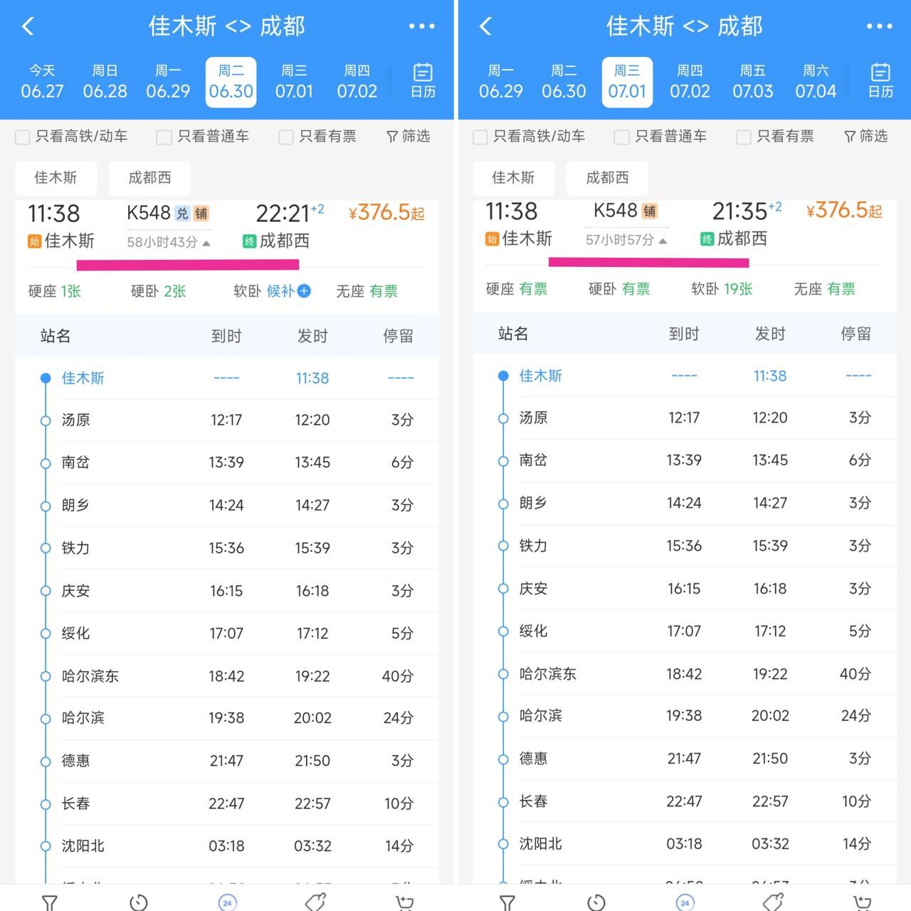 还是要恭喜佳木斯与成都。从7月1日起佳木斯到成都西的绿皮车全程用时57小时57分