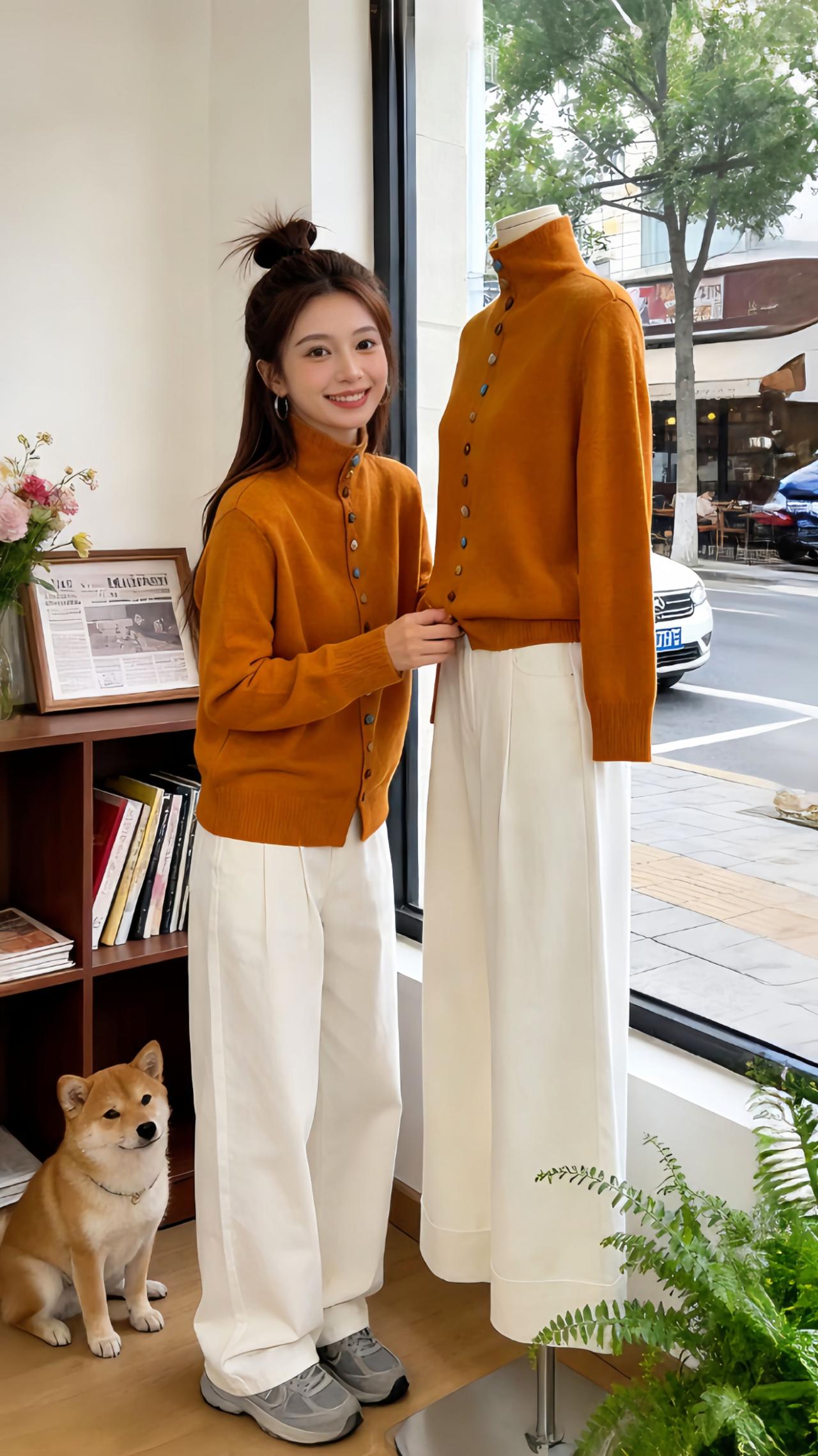 日常韩系穿搭的心动瞬间被Danny拿捏住了！焦糖色针织开衫在室内是温柔的韩系小姐