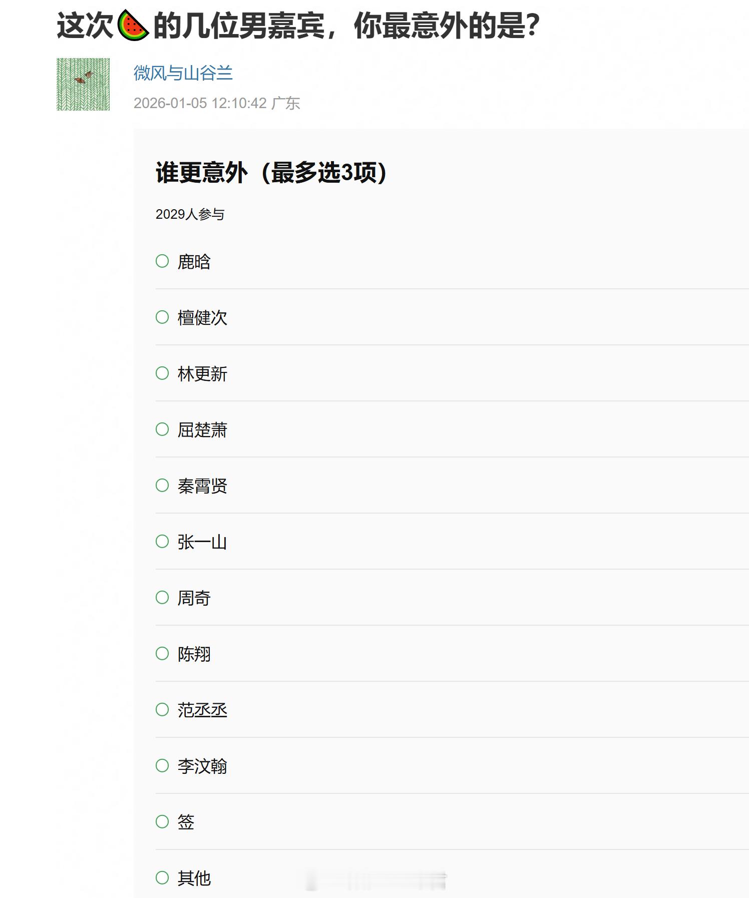 豆瓣投票：这次🍉的几位男嘉宾，你最意外的是？ 热评：一个都不意外。。。就tjc