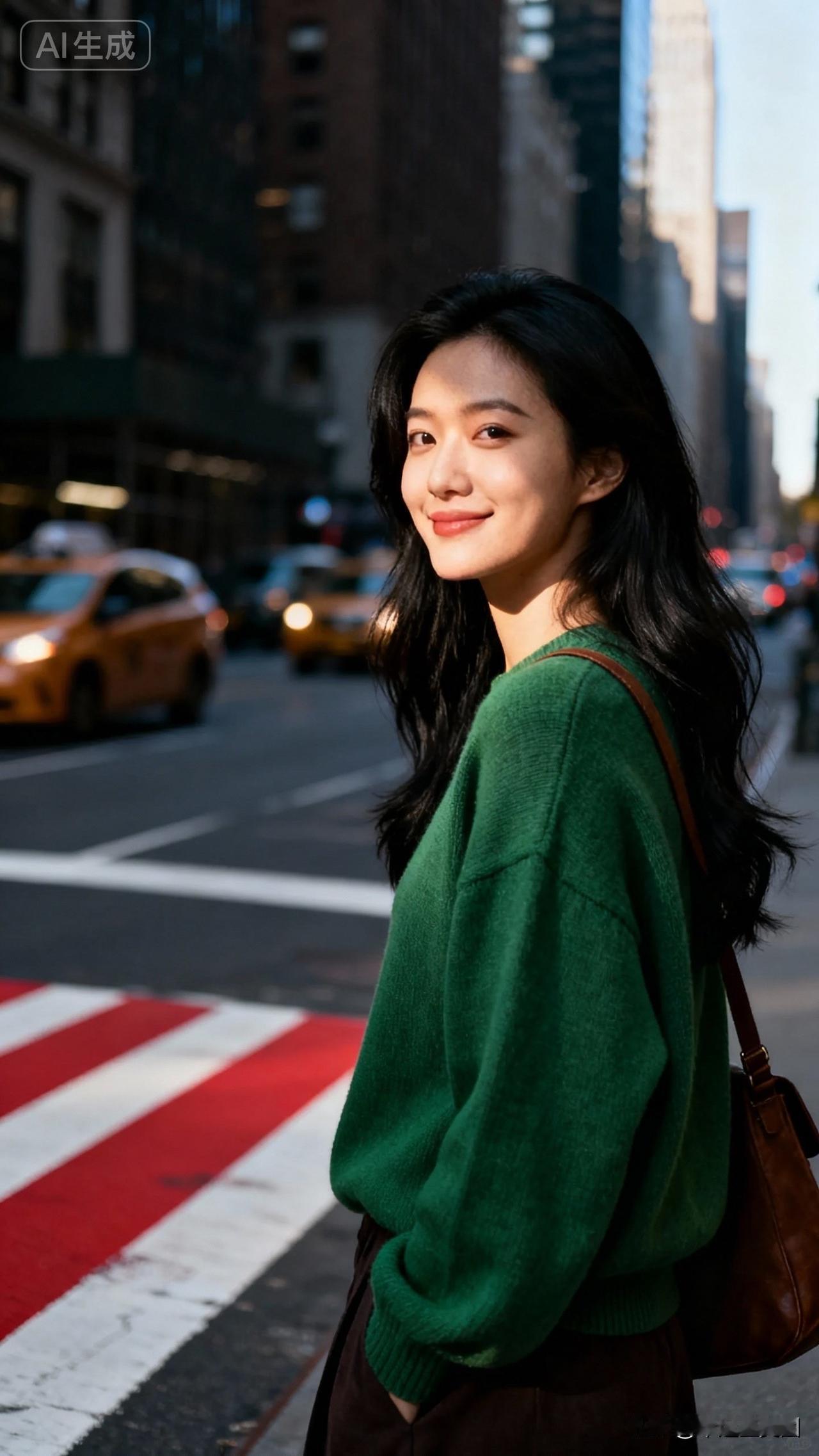 都市街头，绿衣少女，微笑如阳光，温暖如春日。