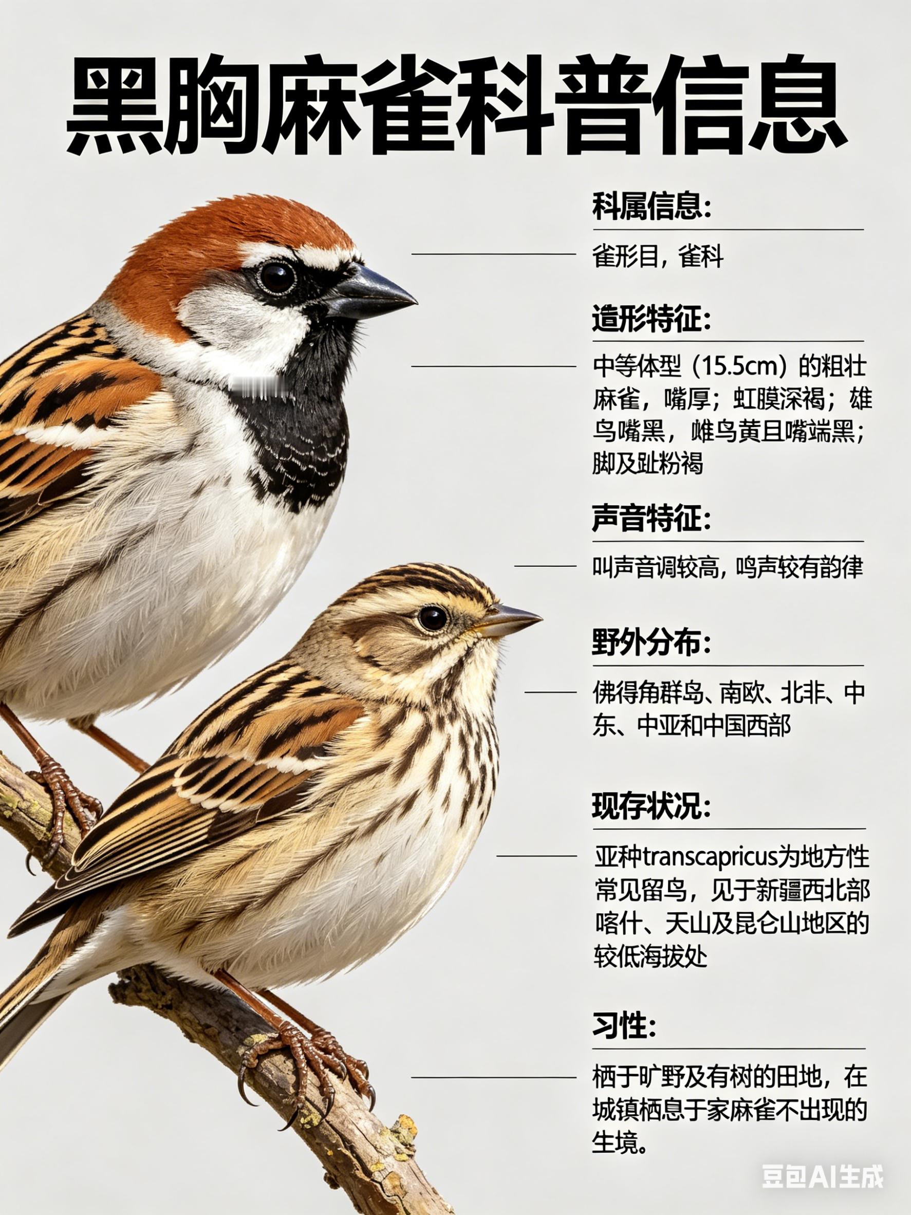 鸟类朋友图鉴 黑胸麻雀·科属：雀形目，雀科。·外形特征：中等体型（15.5cm）