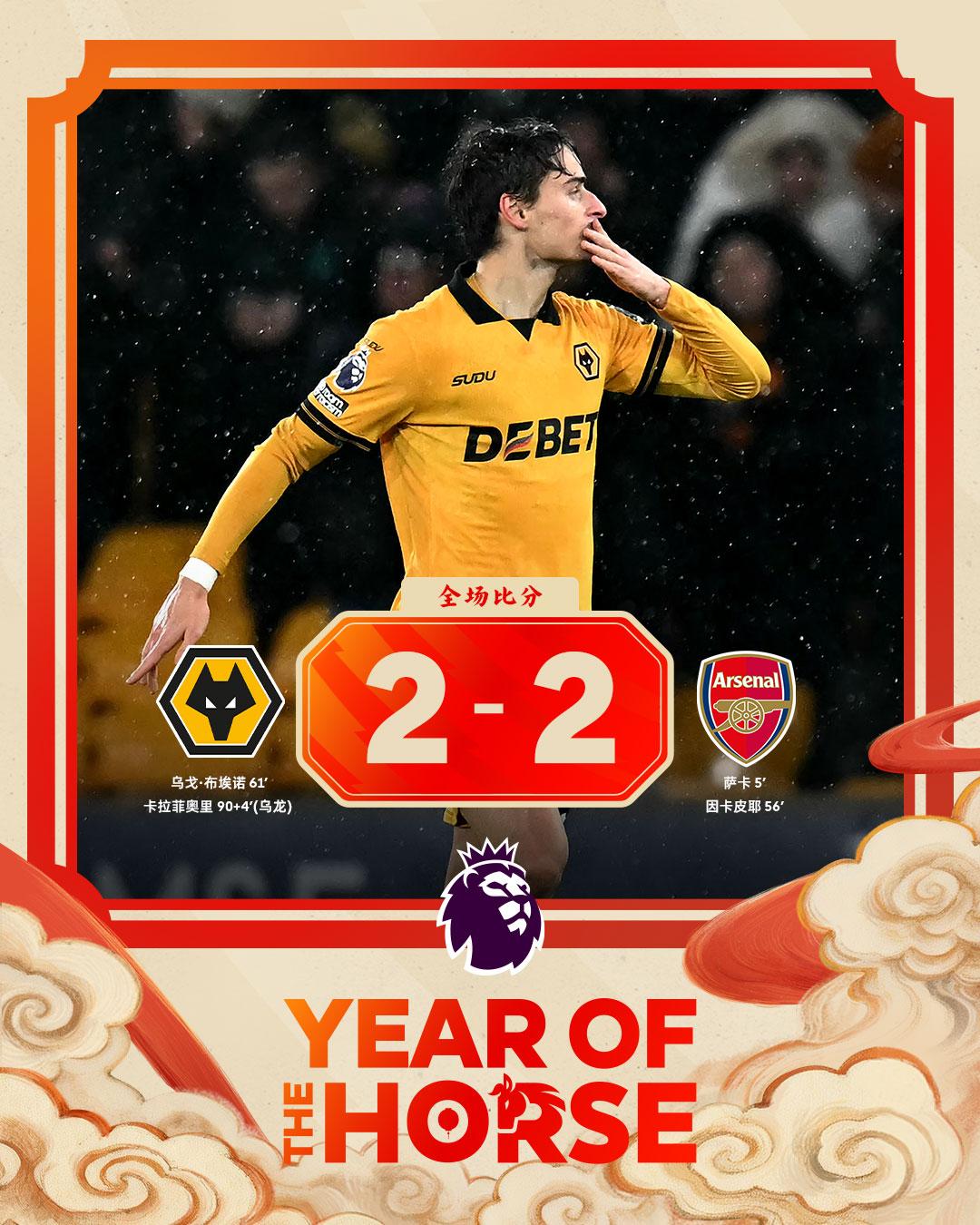 全场比分 | 狼队 2-2 阿森纳

⚽第5分钟，赖斯挑传送到禁区，萨卡头球破门