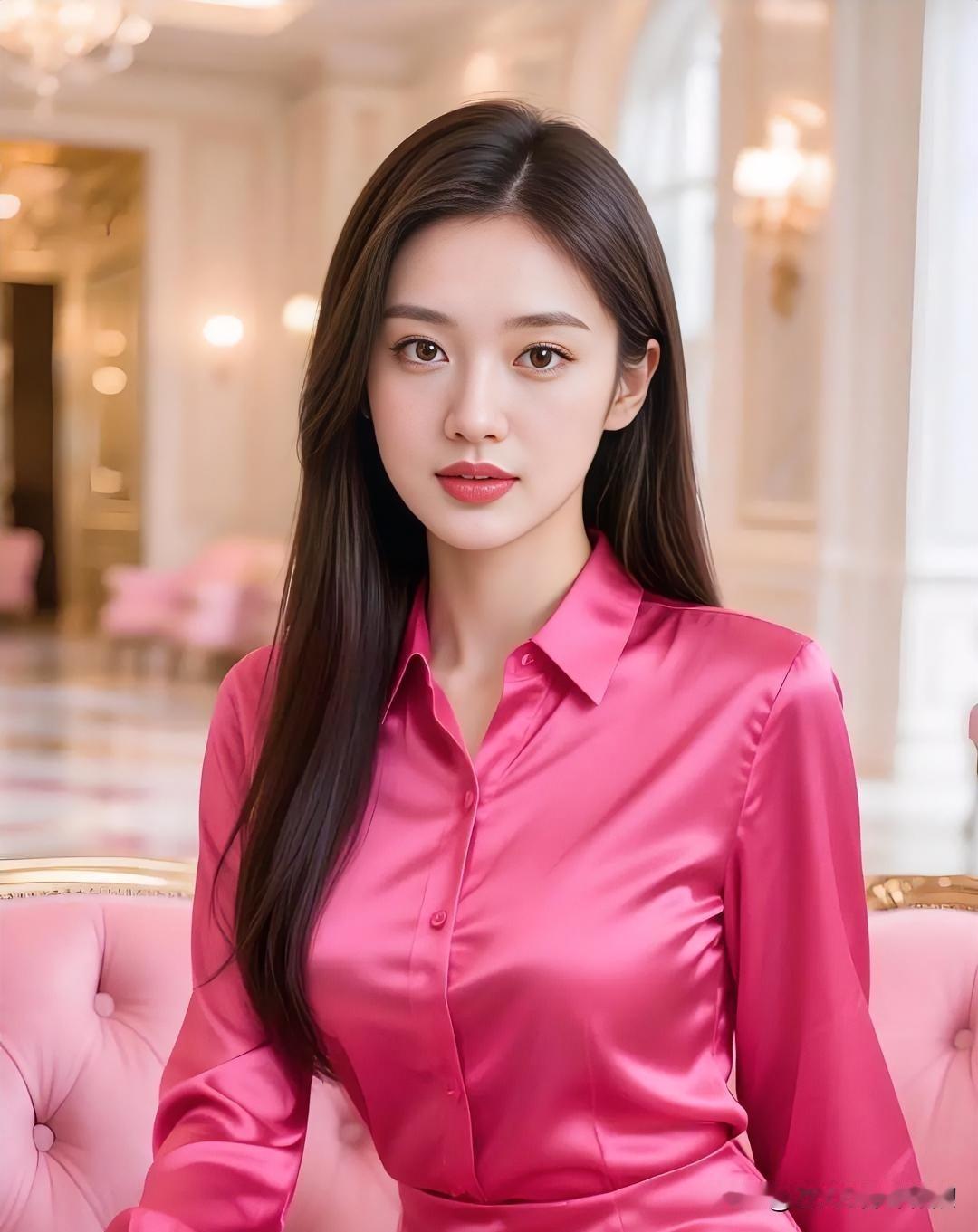 一袭玫红如盛放的玫瑰，在温柔的光晕中流转着丝绸的质感。她静坐凝眸，温婉而明艳，将