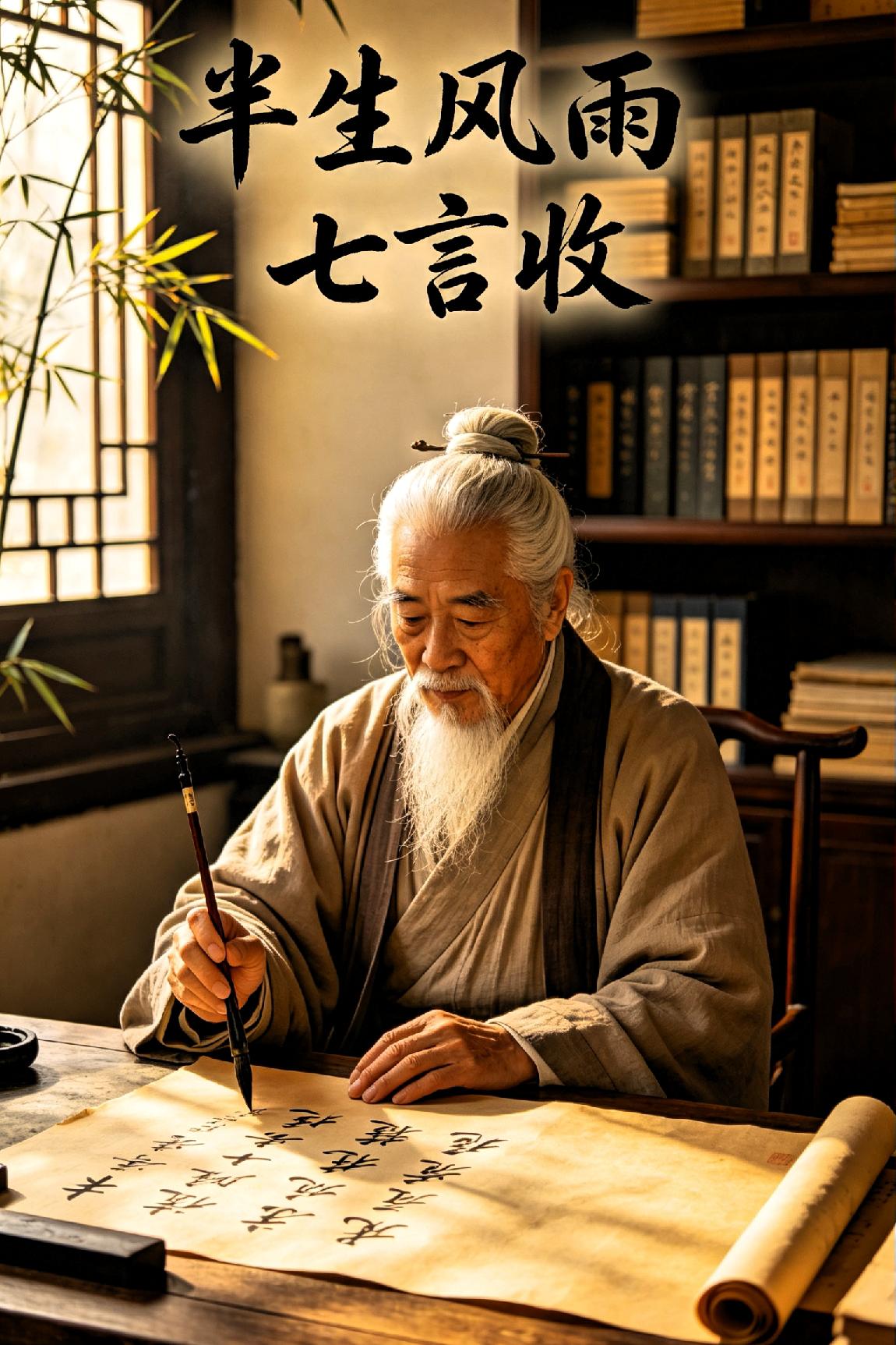 半生风雨七言收
 
（七言律诗）

 
世路浮沉几度秋，半生风雨七言收。

尘霜