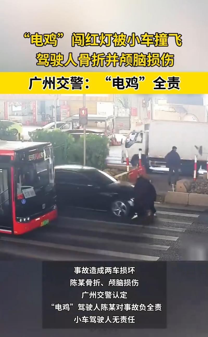 骑电动车闯红灯横穿马路，被正常行驶的轿车撞飞。交警认定其存在闯红灯和未下车推行，