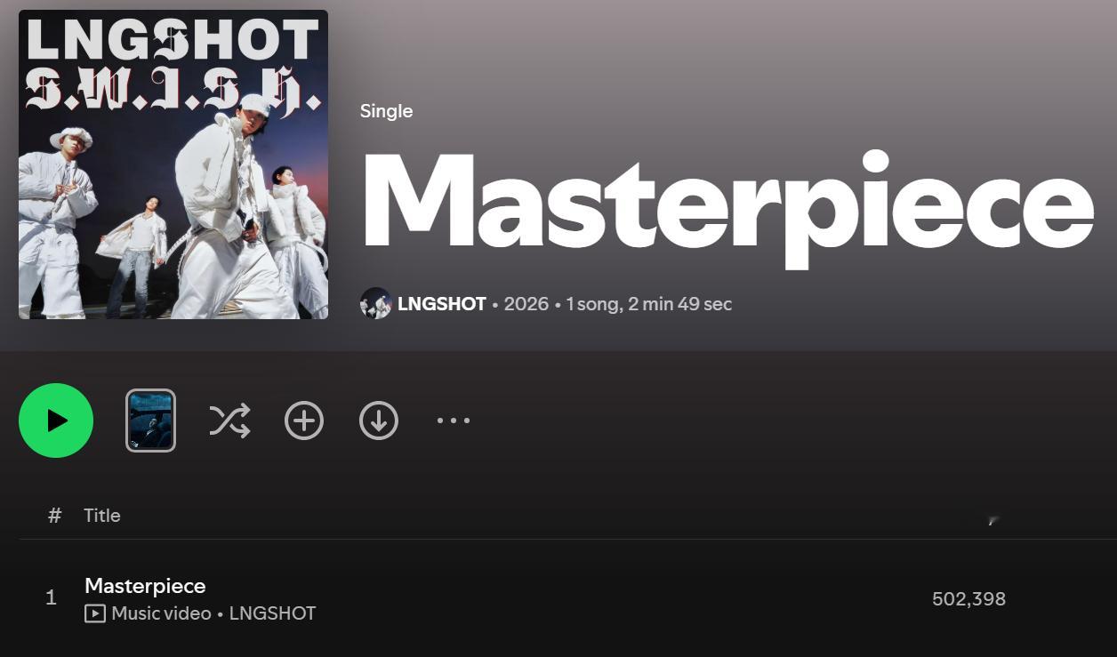LNGSHOT『Masterpiece』Spotify首日未过滤流媒：502,3