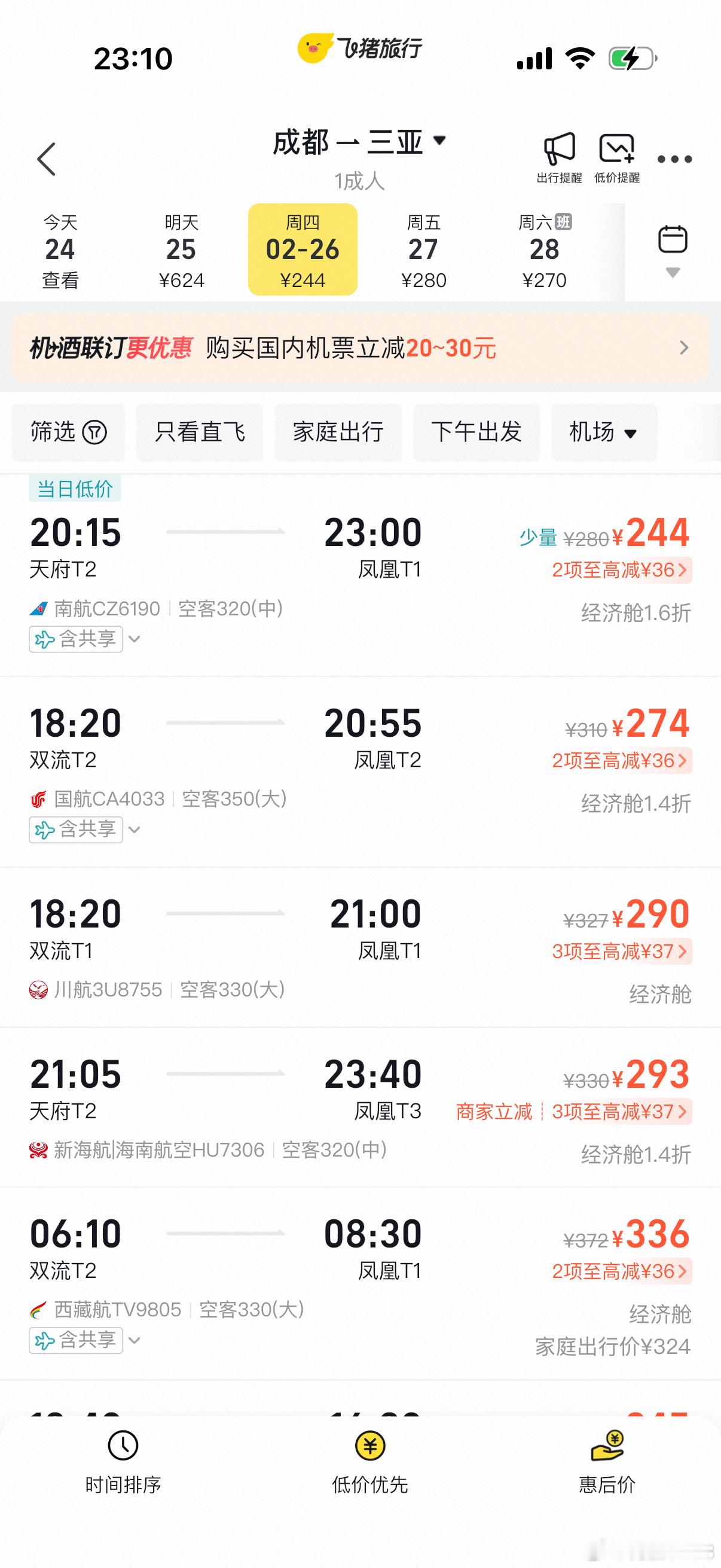 看了一下成都到三亚的机票确实便宜，到其它地方的还挺贵，但是进岛容易出岛难，回来的