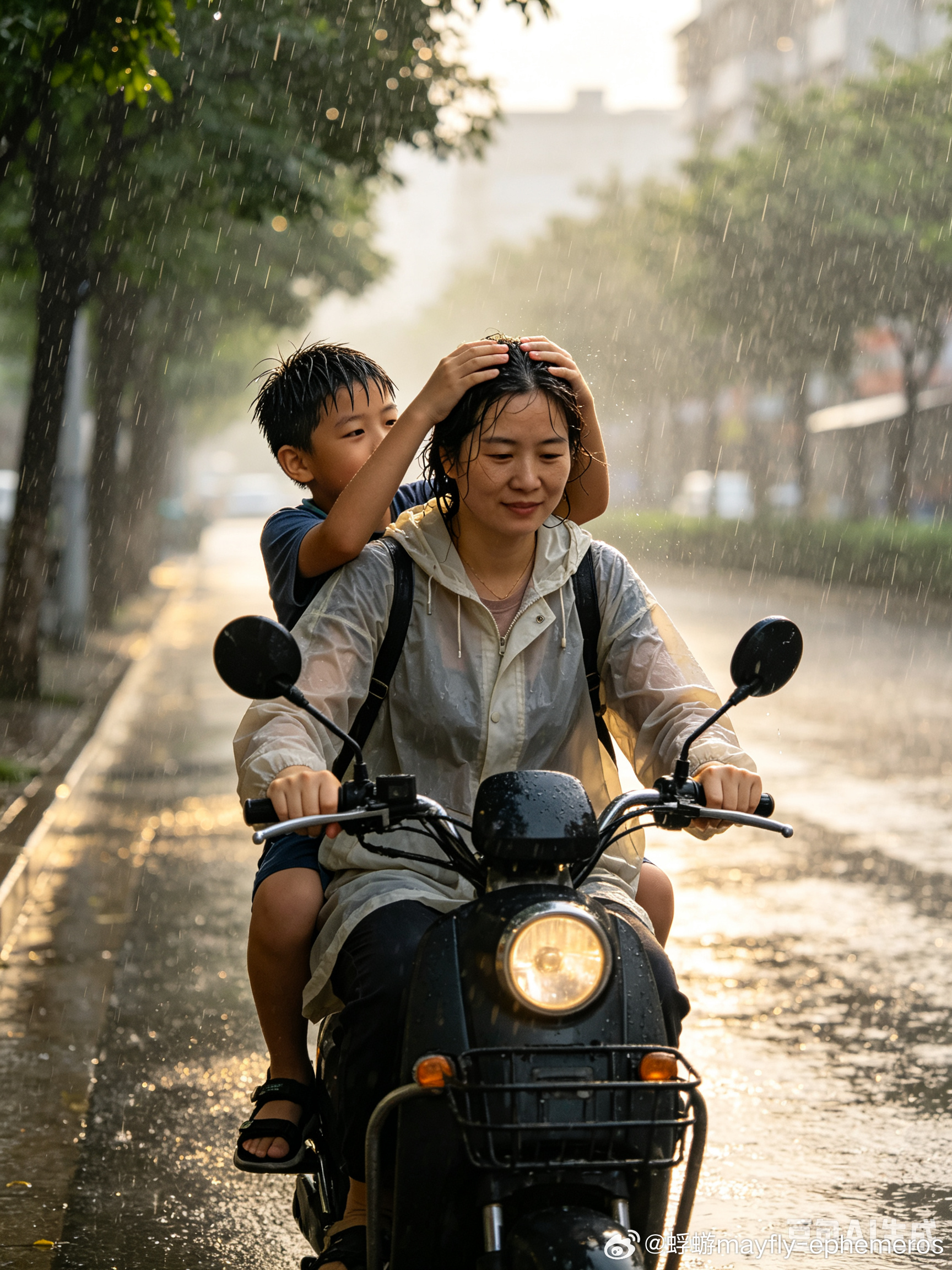 中午我回家时下了小雨迎面碰到一个人骑着电动车我还在想这个人怎么戴个肉色的帽子等近