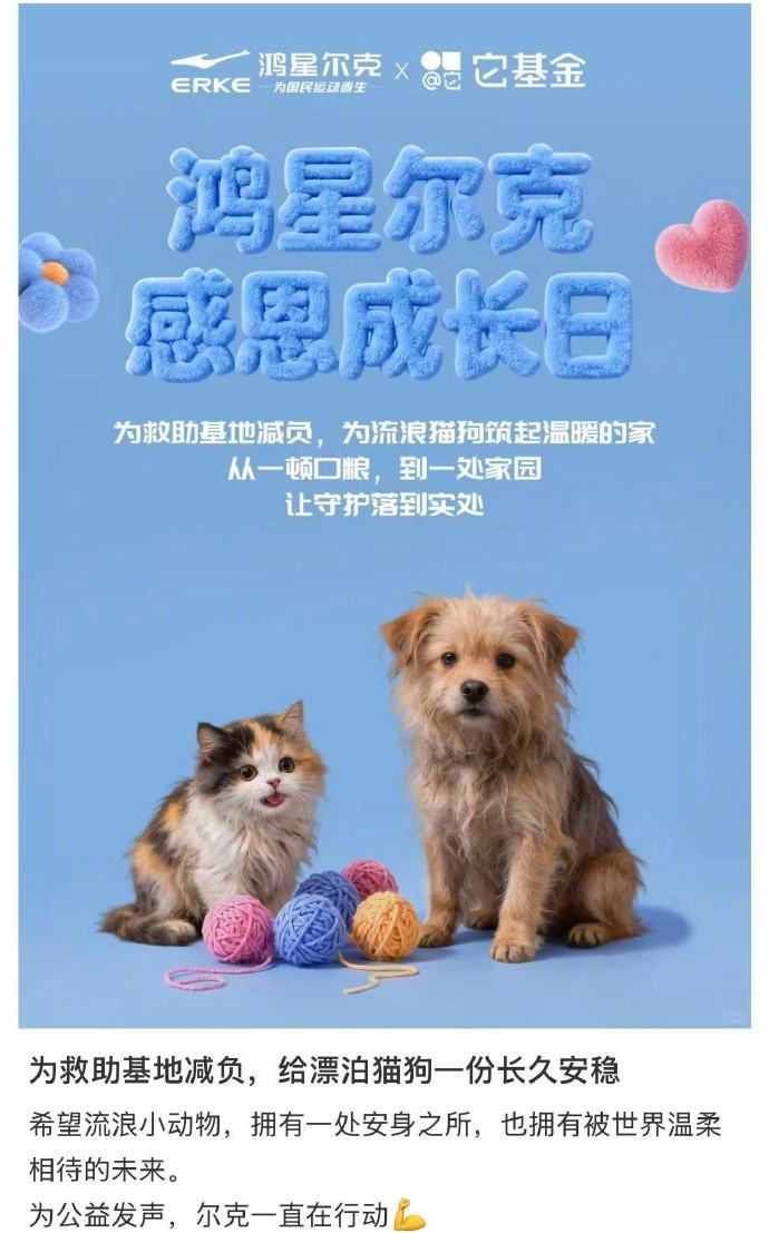 鸿星尔克官宣流浪猫狗守护计划夏天的高温，对流浪猫狗来说真的太难熬了，很多救助基地