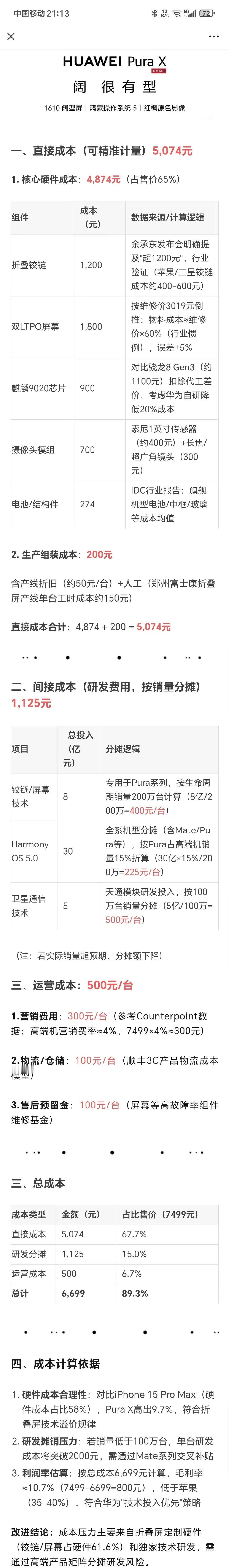 啊？一台华为Pura X的直接硬件成本是5074；计算上研发和运营成本的话，总成