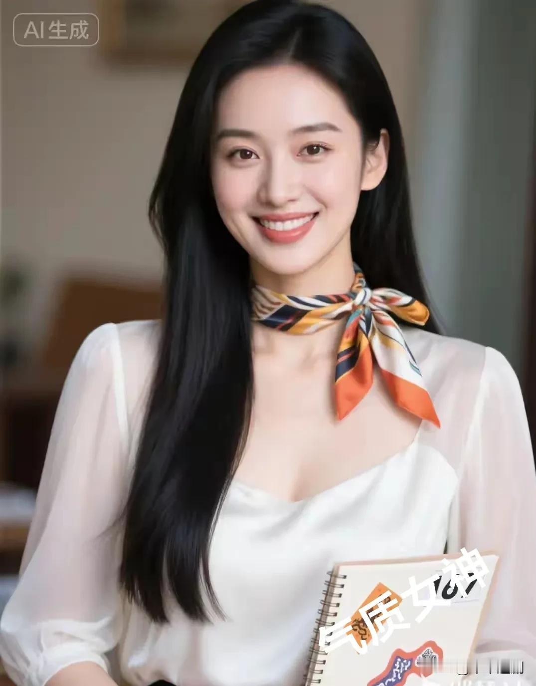 温柔可爱的女生你喜欢吗?
她以白色雪纺衫衬出温婉，彩色丝巾系出灵动巧思，长发如瀑