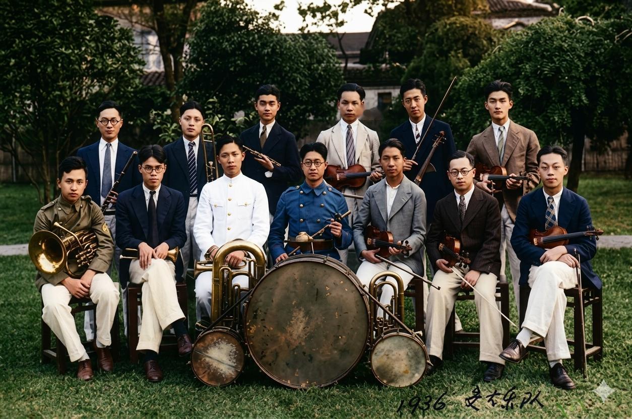 1936年，交通大学学生铜管乐队全员合影，前排左一，便是青年钱学森。
整支乐团阵