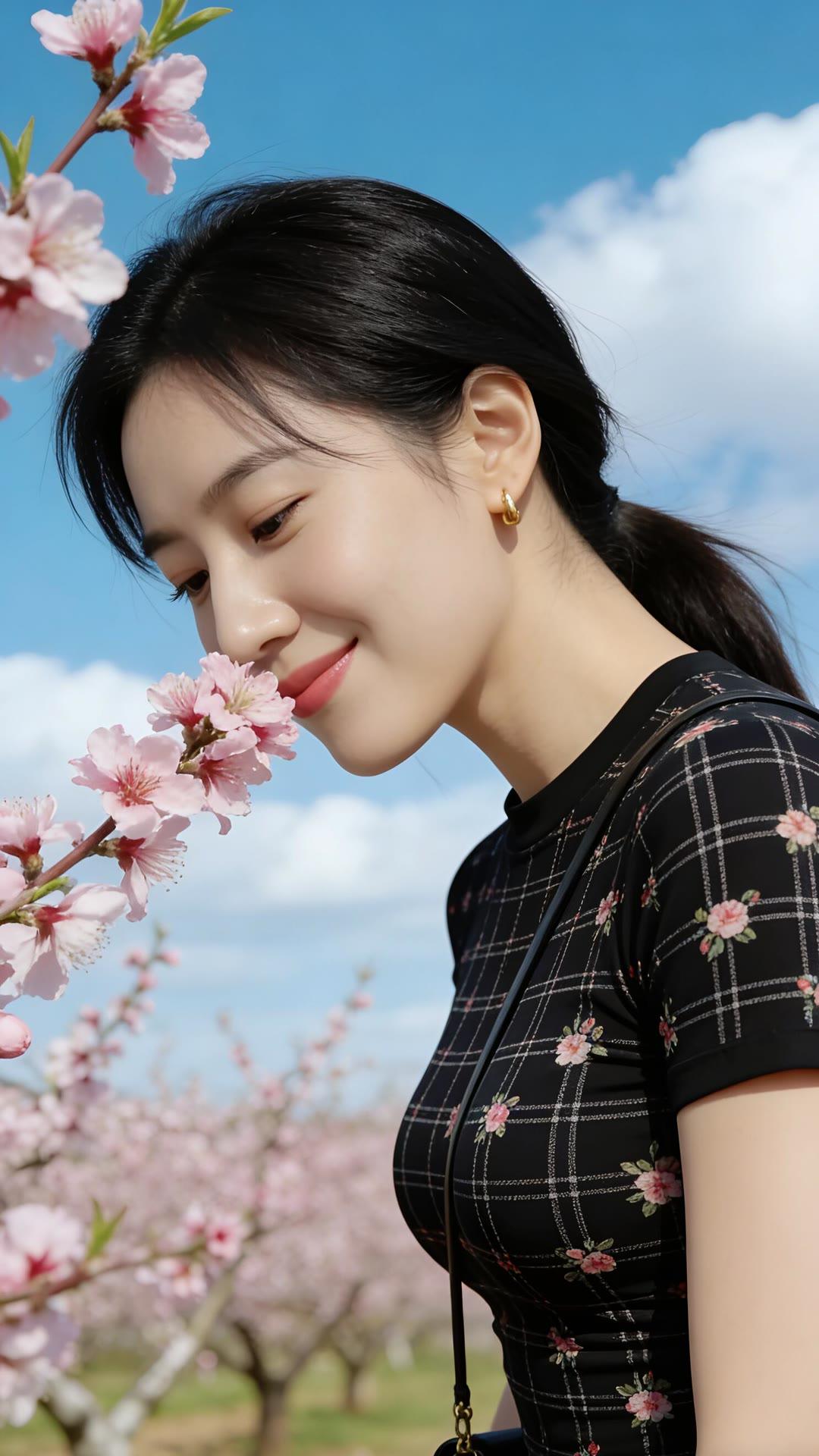 春日花海中的甜美少女，粉嫩樱花与黑裙相映成趣，笑靥如花。🌸💕
