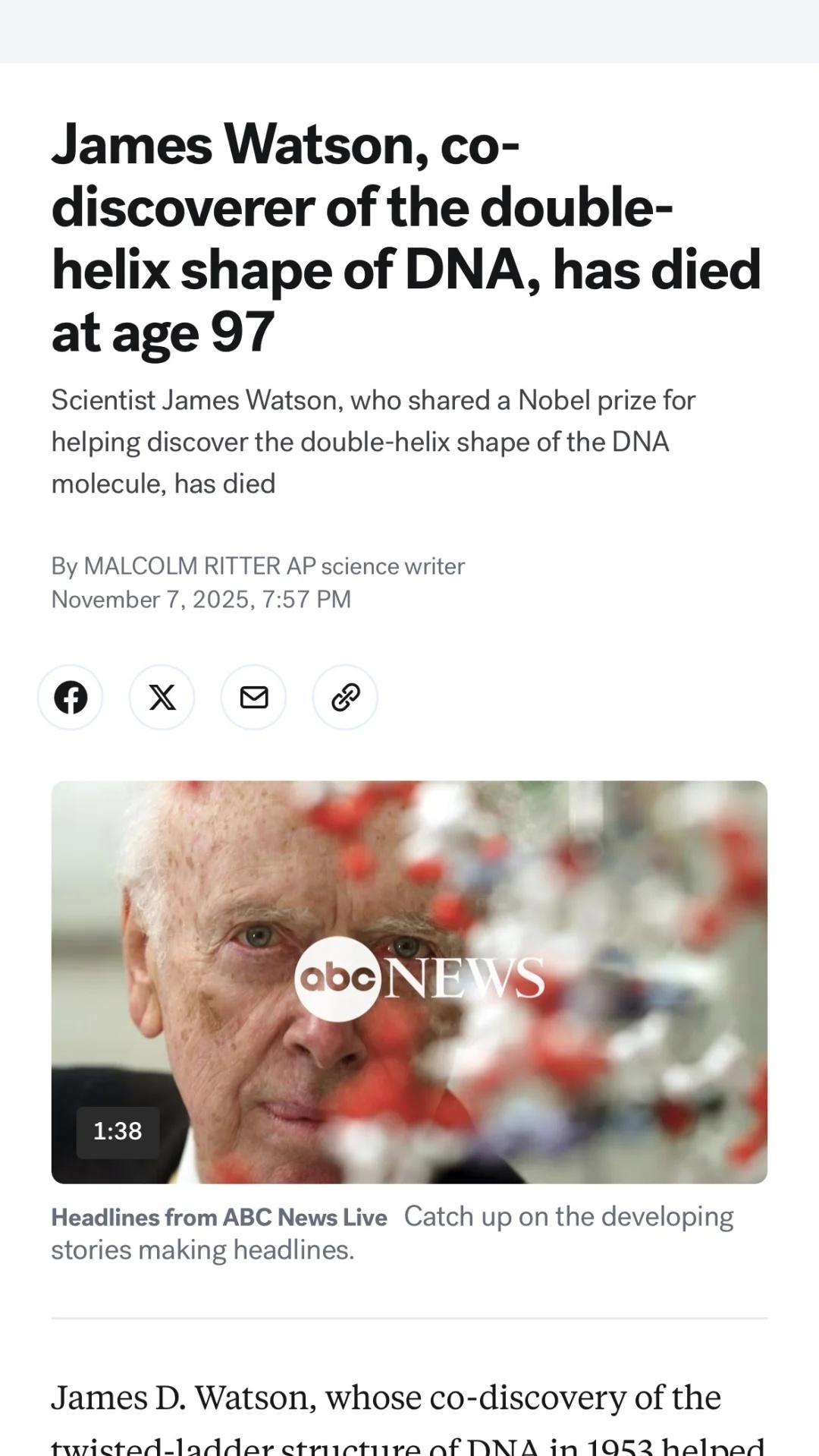 王的女人都知道这个发现DNA结构的人
他从那个还不知道DNA结构的时代，活到了现