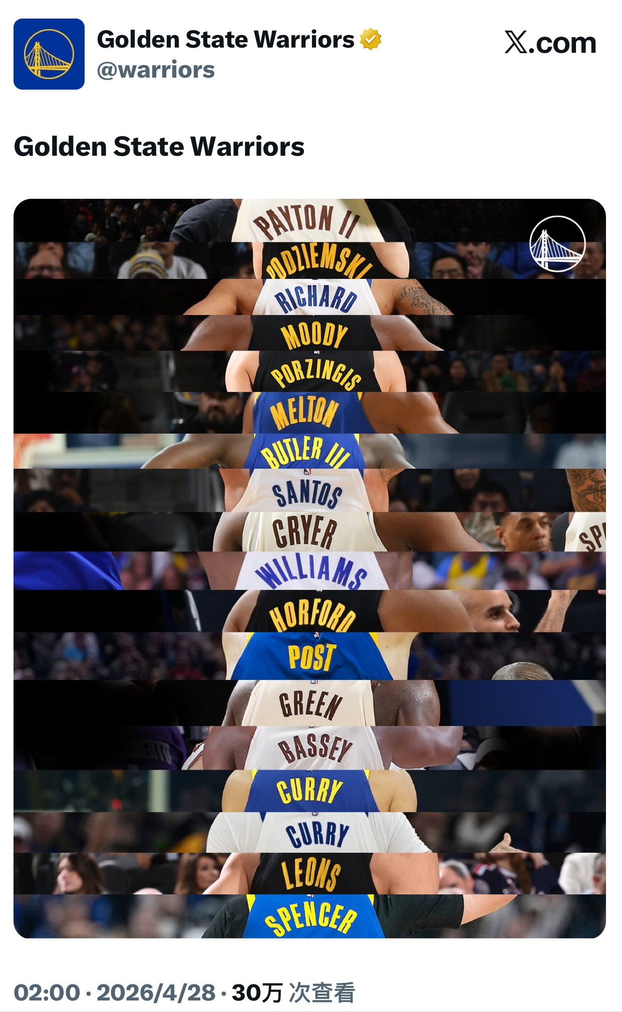 勇士官方这波好评！今日更新社媒，发了本赛季所有人的球衣后背！他们分别是佩顿、波杰