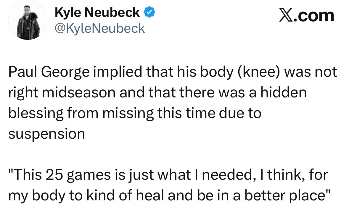 乔治的25场禁赛令将正式解除，他可以在主场对阵公牛的比赛中复出。乔治表示：“我不