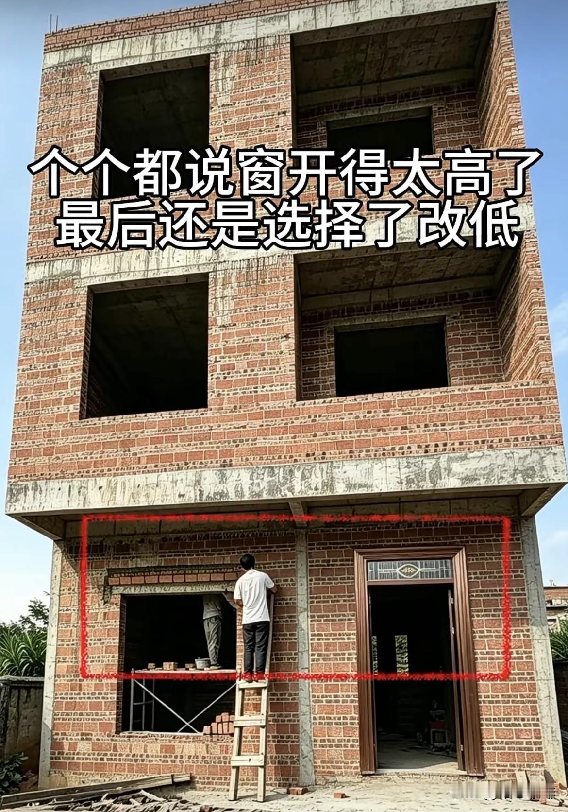 个个都说窗开得太高了，
最后还是选择了改低。
窗比大门大，
二楼门也比一楼一大。