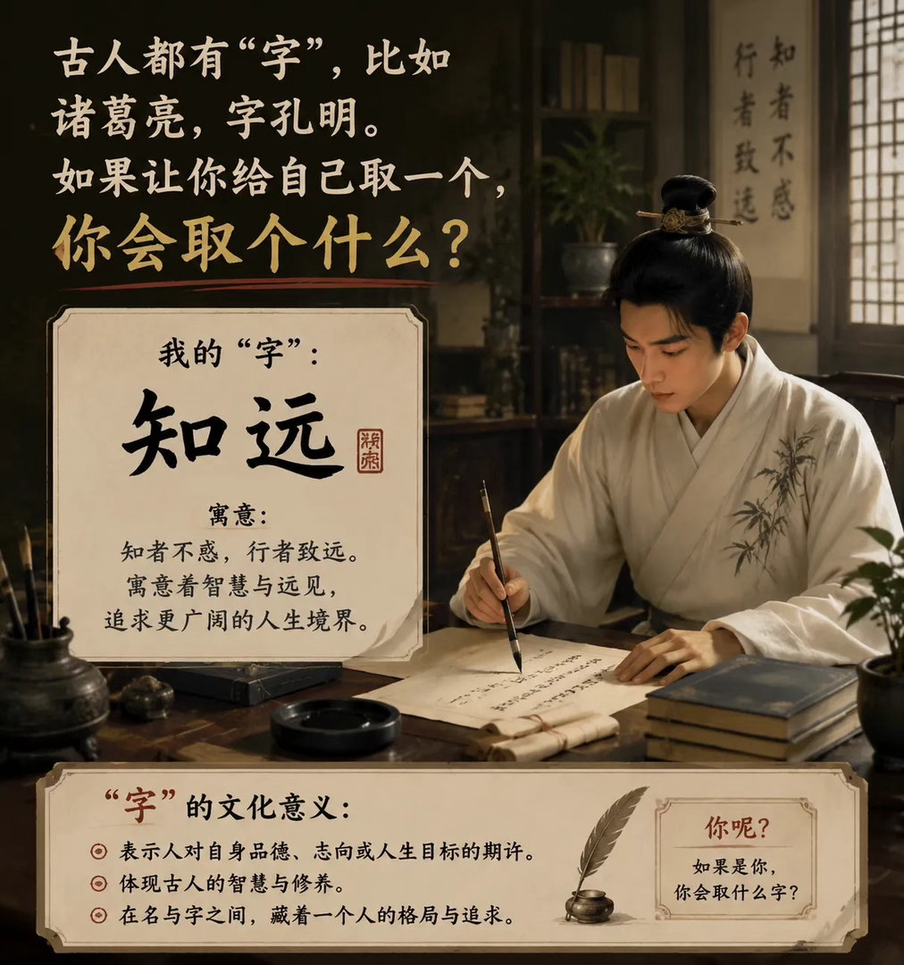 古人都有“字”，比如诸葛亮，字孔明。如果让你给自己取一个，你会取个什么？我先来：