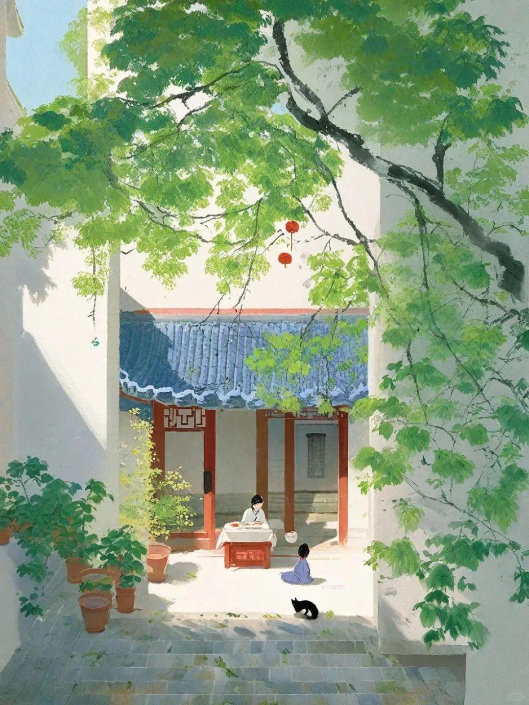 能看出哪一幅是AI画的吗？
江南庭院，清透的绿意晕染出满屏温柔。白墙黛瓦间，浓荫