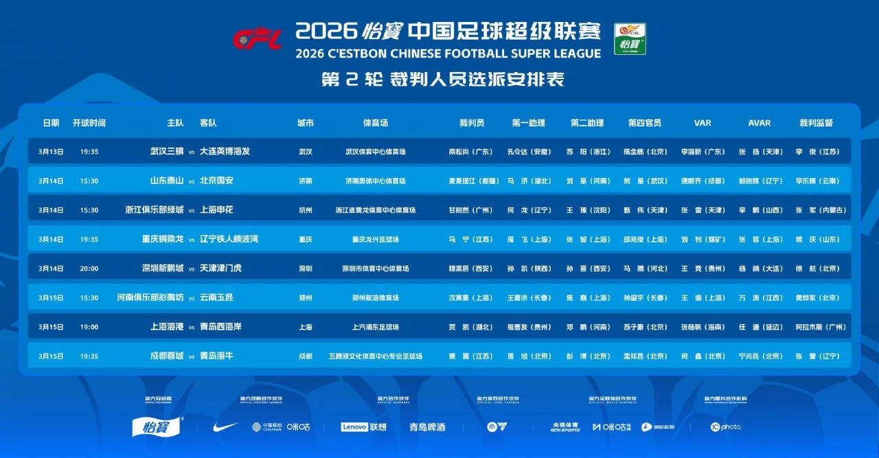 #马宁执法中超升班马德比#中超第2轮裁判安排出炉，麦麦提江主哨焦点大战山东泰山v