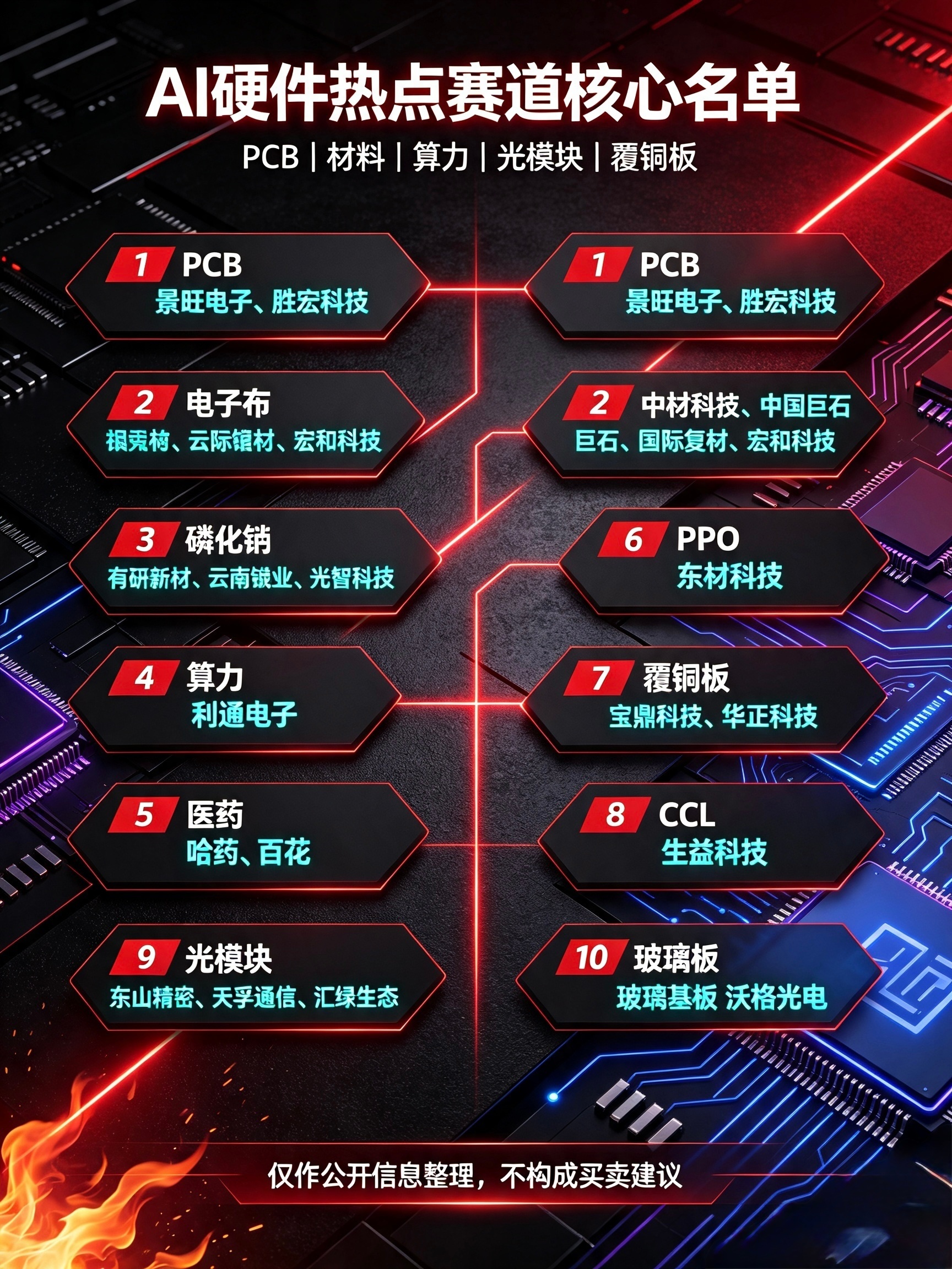 AI硬件各细分赛道人气核心标的汇总1、PCB板块：景旺电子、胜宏科技2、电子玻纤