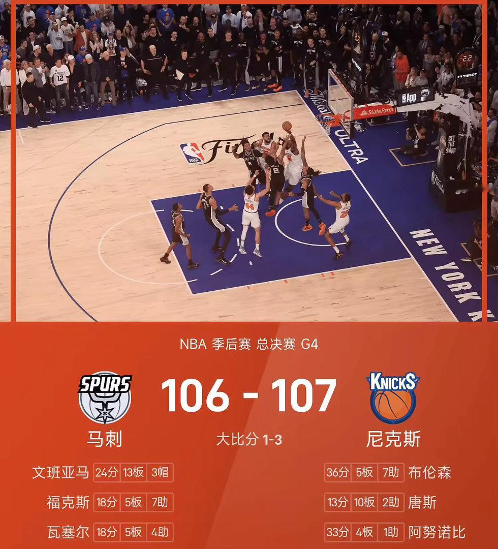 NBA总决赛，纽约尼克斯主场对阵圣安东尼奥马刺。比赛刚刚开场，客场作战的马刺便反